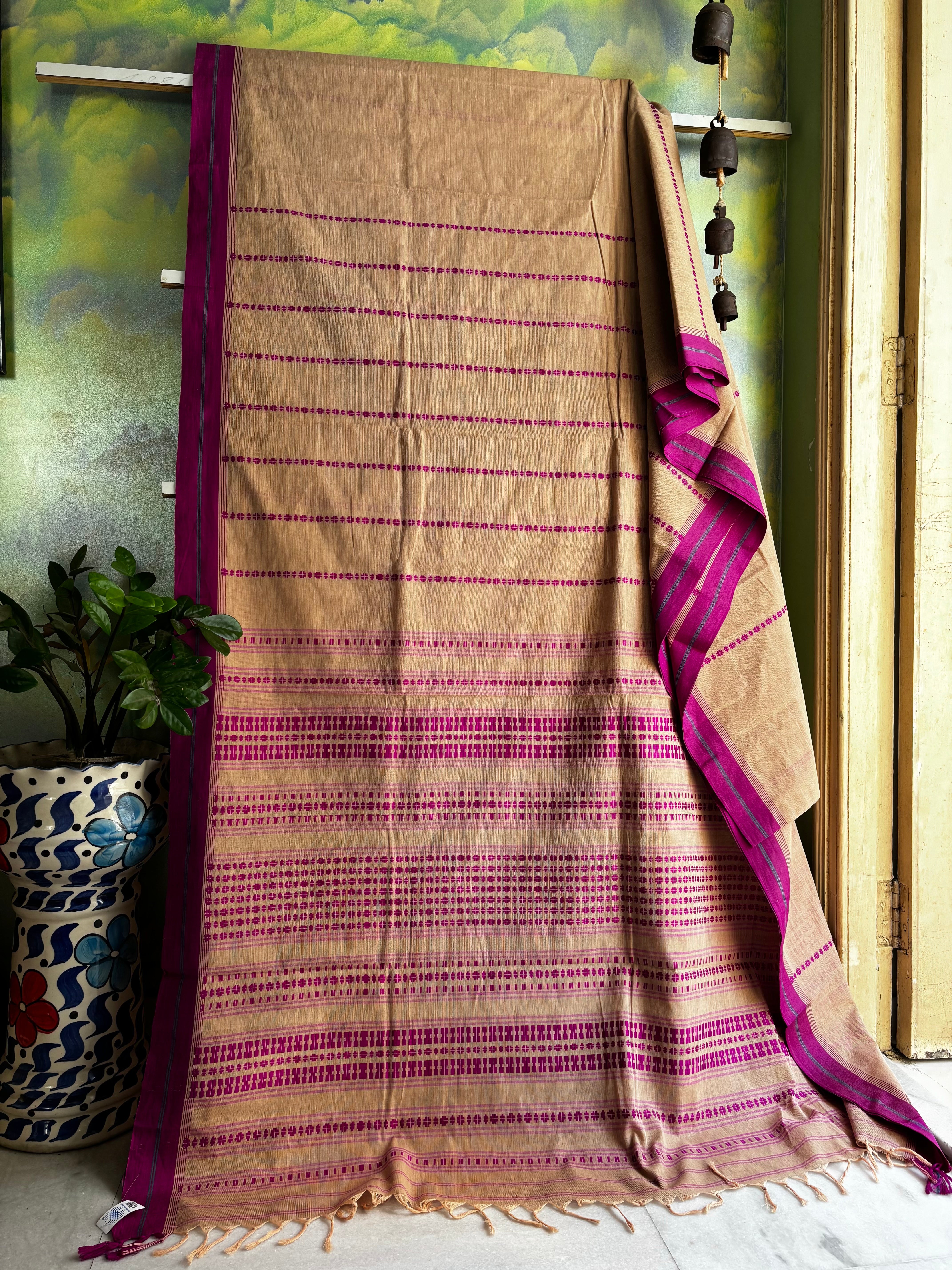Handwoven Beige Purple Begampuri Cotton Saree