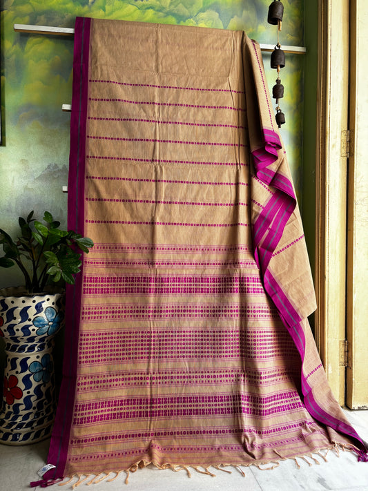 Handwoven Beige Purple Begampuri Cotton Saree
