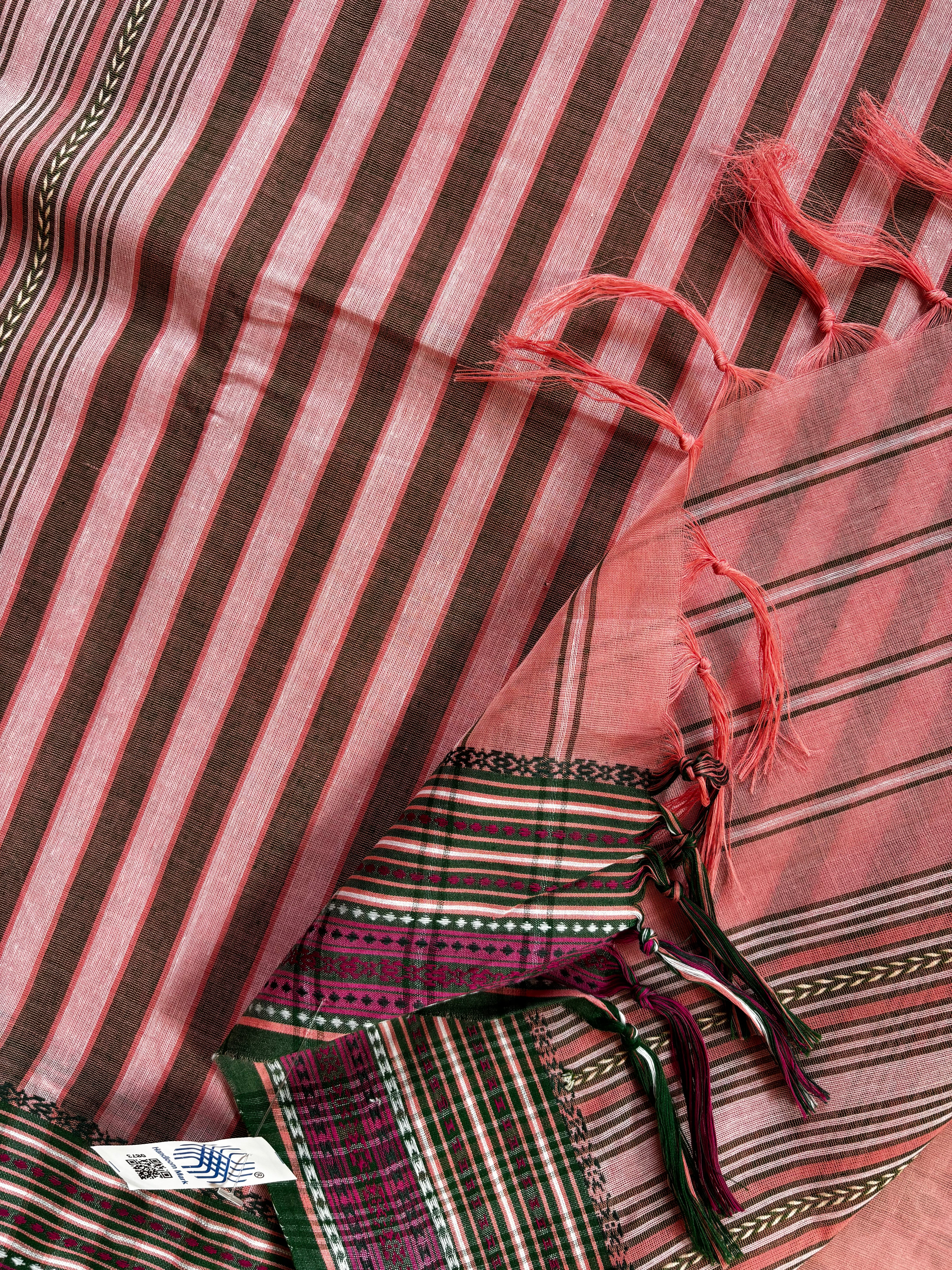 Handwoven Peachish Pink Colour Begampuri Cotton Saree