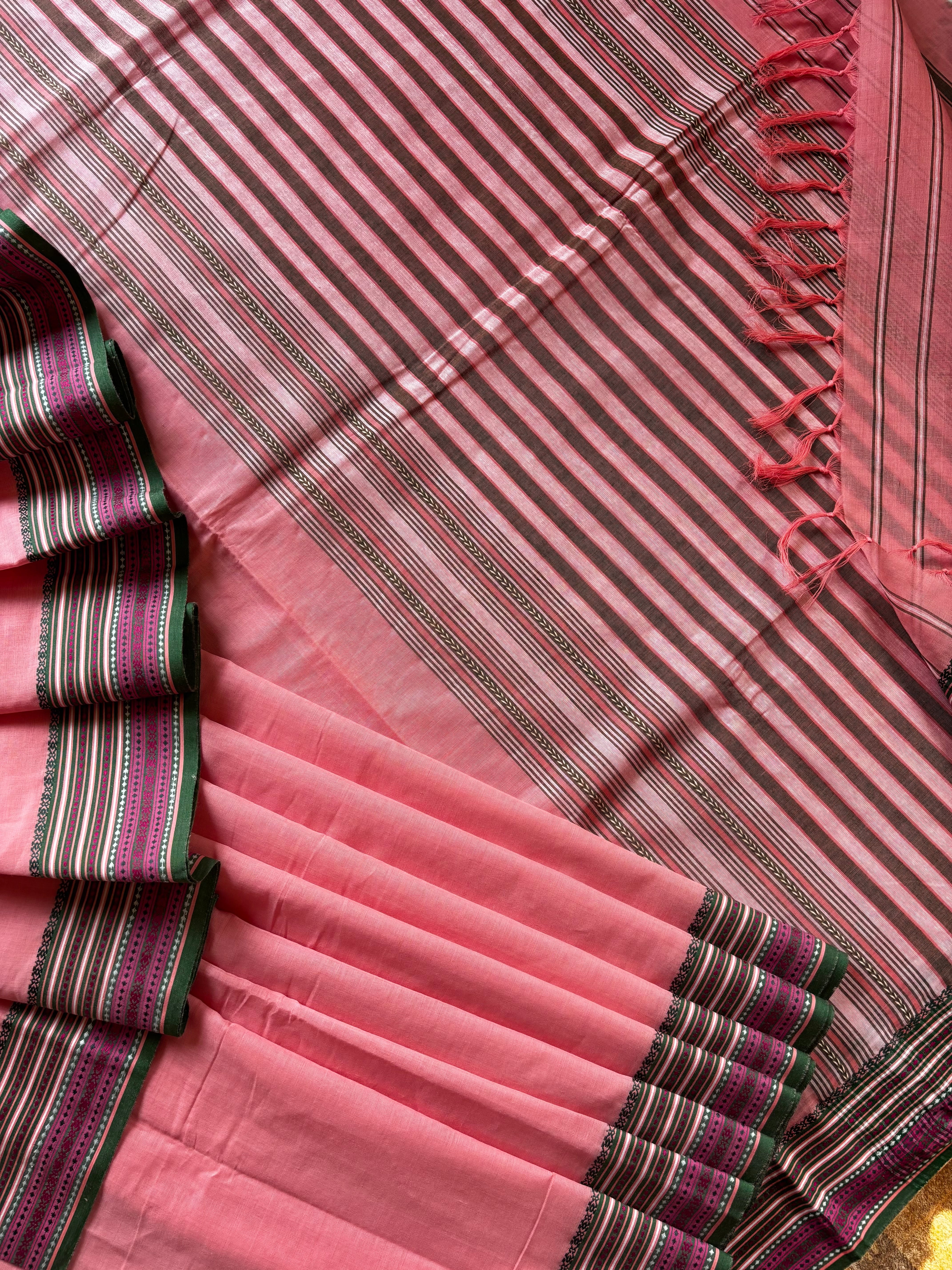 Handwoven Peachish Pink Colour Begampuri Cotton Saree
