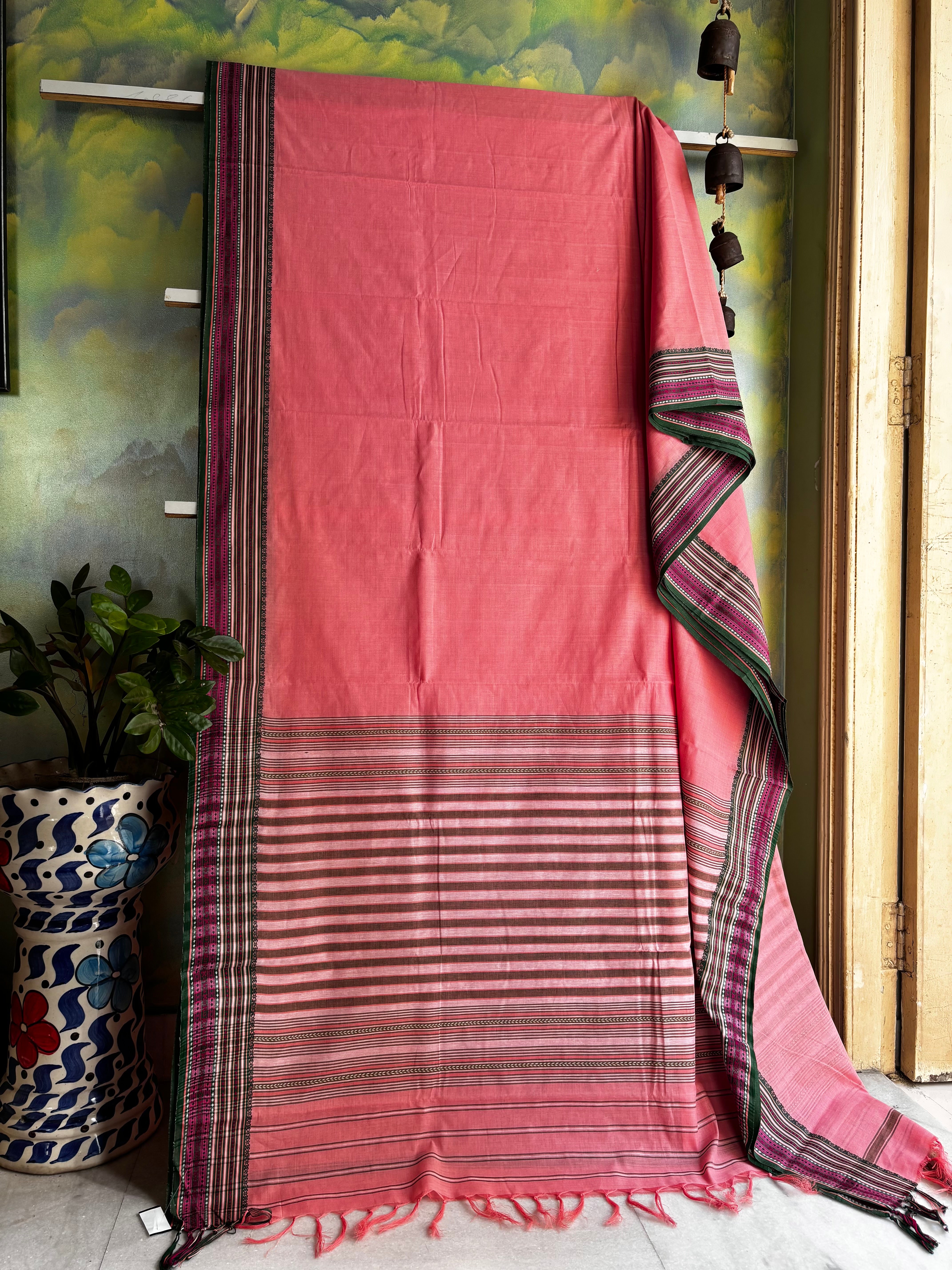 Handwoven Peachish Pink Colour Begampuri Cotton Saree
