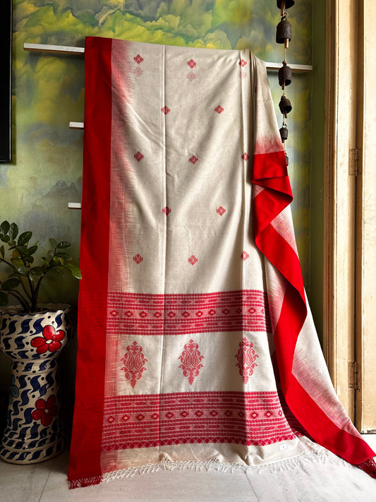 Handwoven Gangajal with Red Colour Phulia Cotton Saree