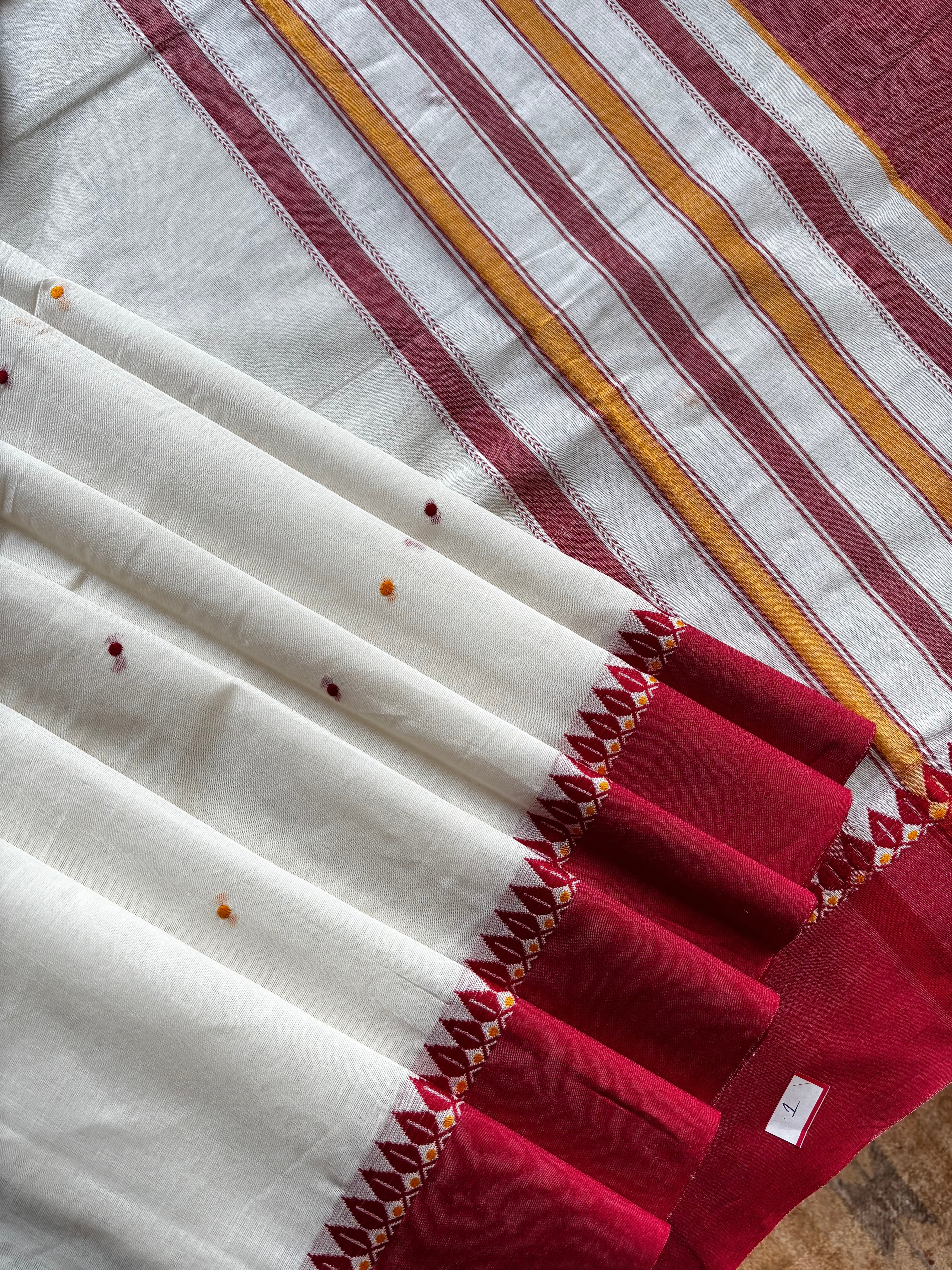 Handwoven White Red Begampuri Cotton Saree