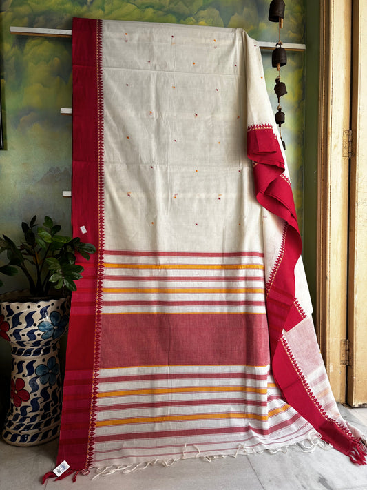 Handwoven White Red Begampuri Cotton Saree