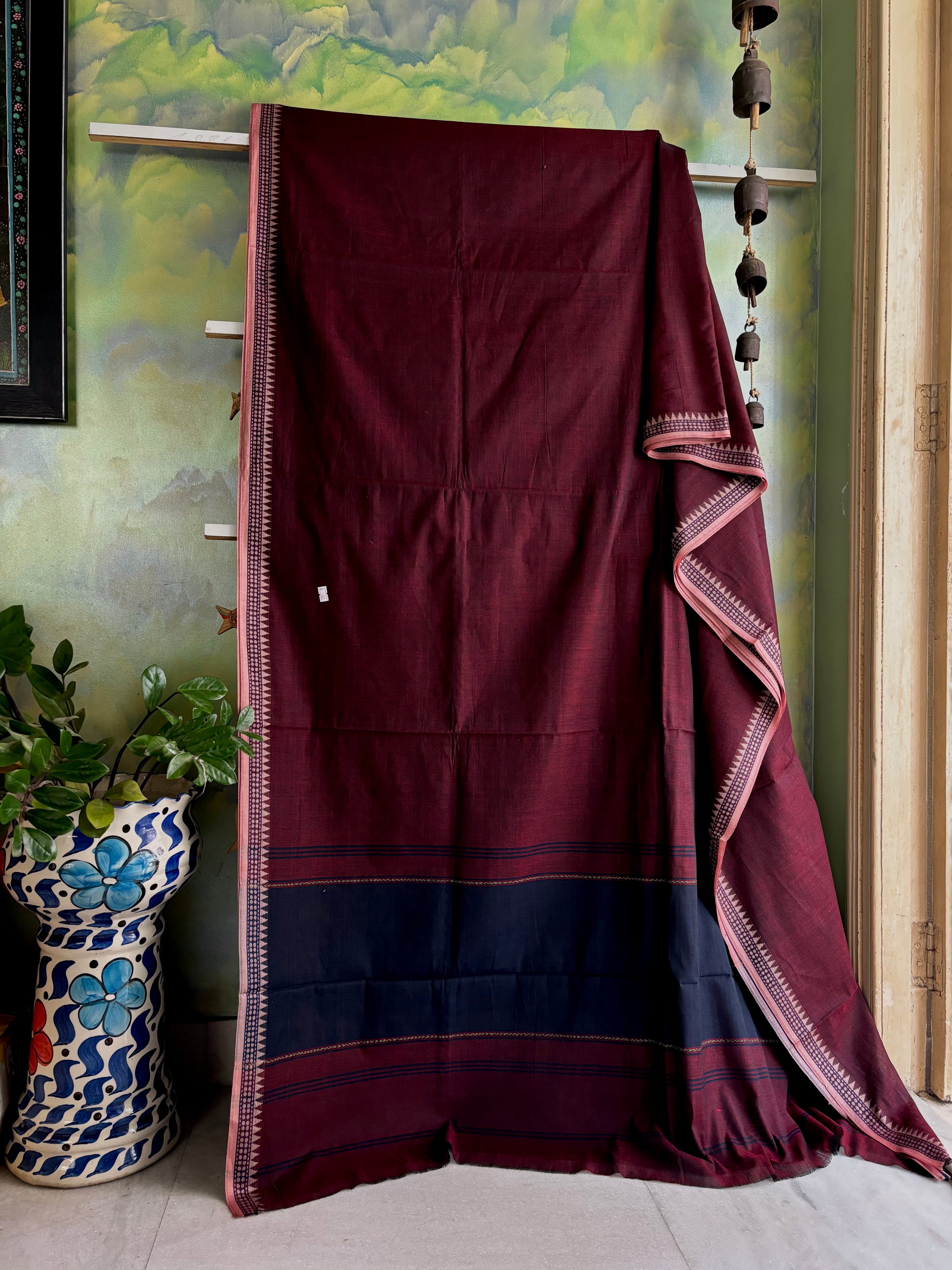 Handwoven Dark Wine Colour Dhonekhali Saree