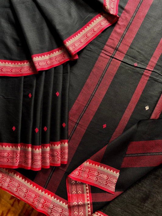 Handwoven Black Red Fish Dhonekhali Saree