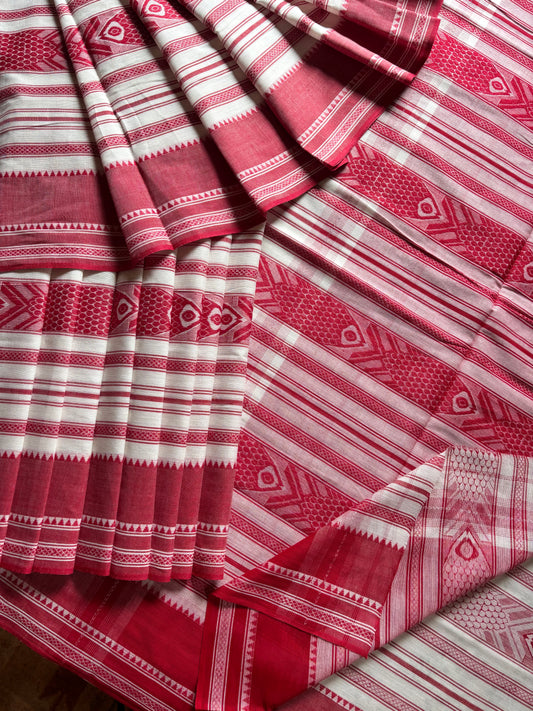 White Red Fish Motifs Dhonekhali Saree