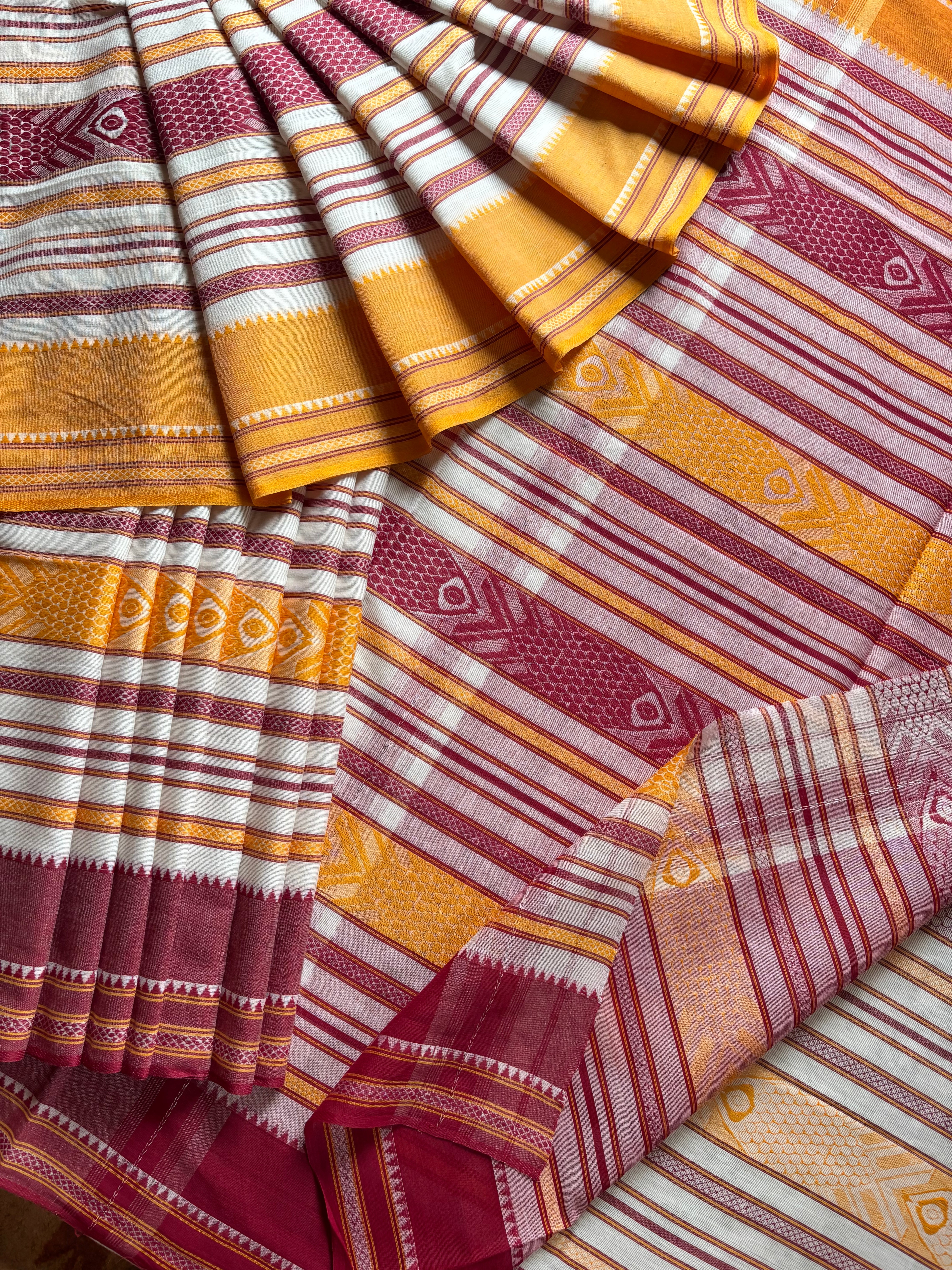 White Yellow Maroon Fish Motifs Dhonekhali Saree