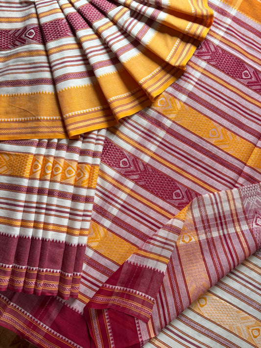 White Yellow Maroon Fish Motifs Dhonekhali Saree