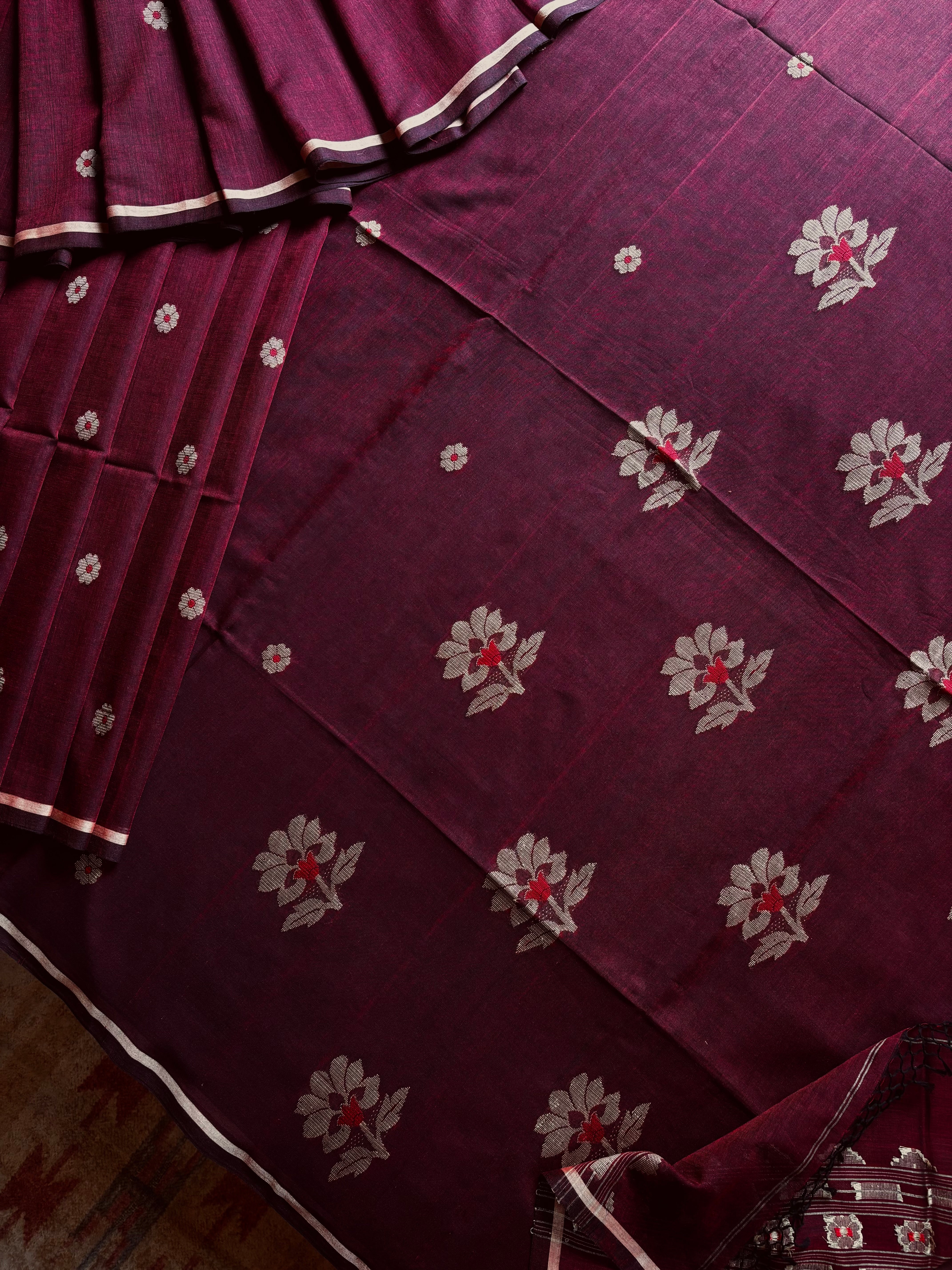 Handwoven Garnet Colour Cotton Jamdani Saree