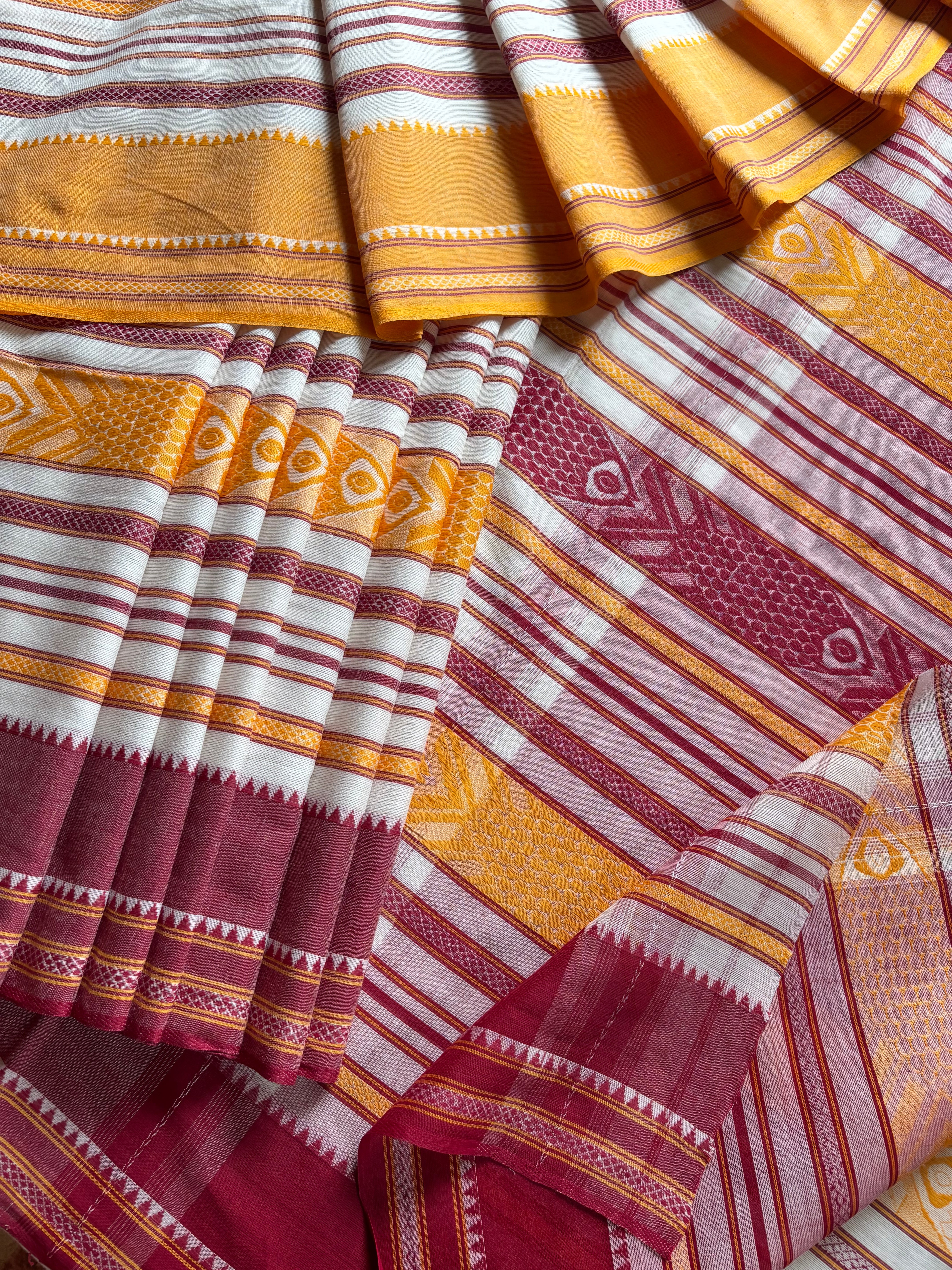 White Yellow Maroon Fish Motifs Dhonekhali Saree