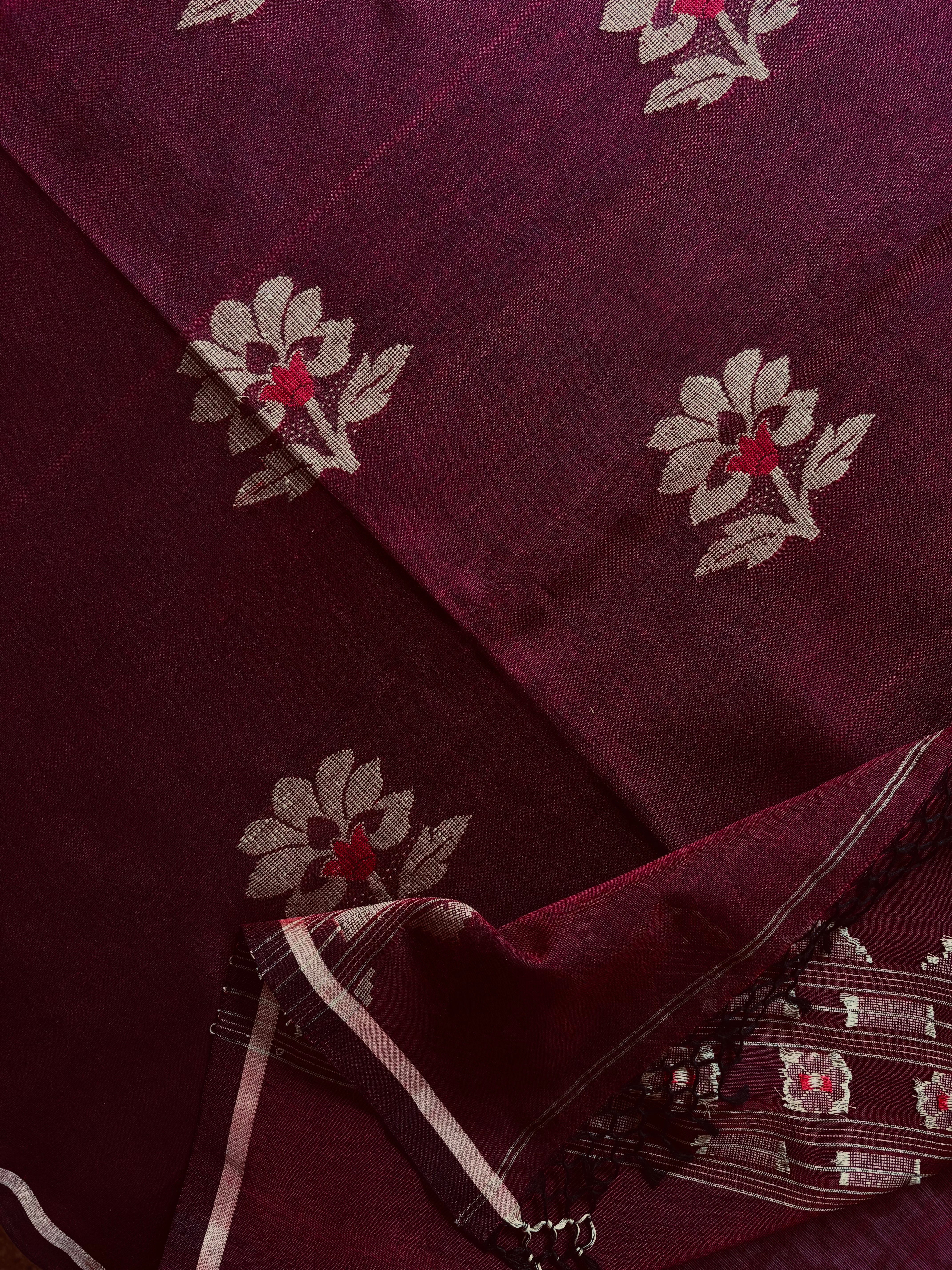 Handwoven Garnet Colour Cotton Jamdani Saree