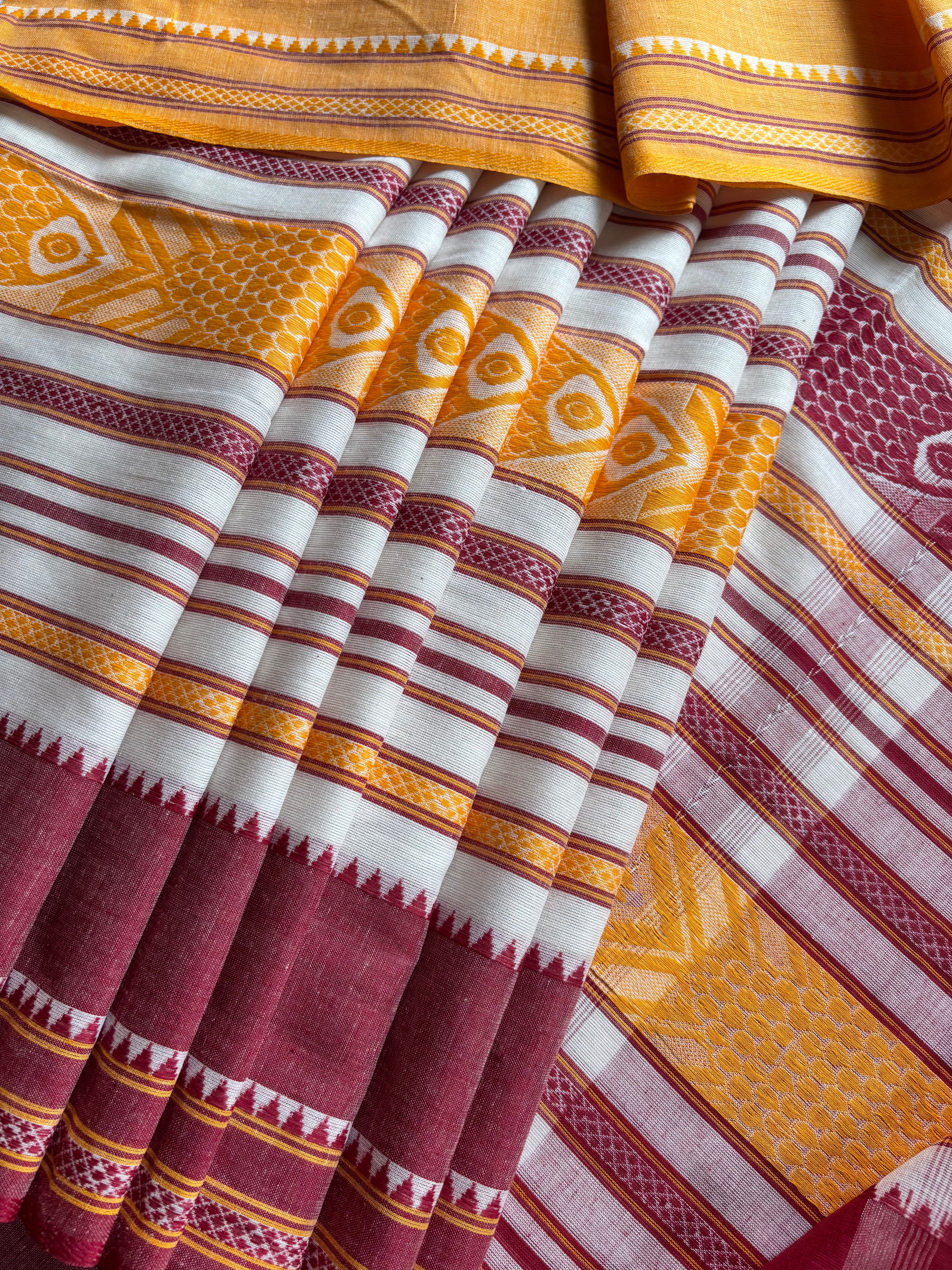 White Yellow Maroon Fish Motifs Dhonekhali Saree
