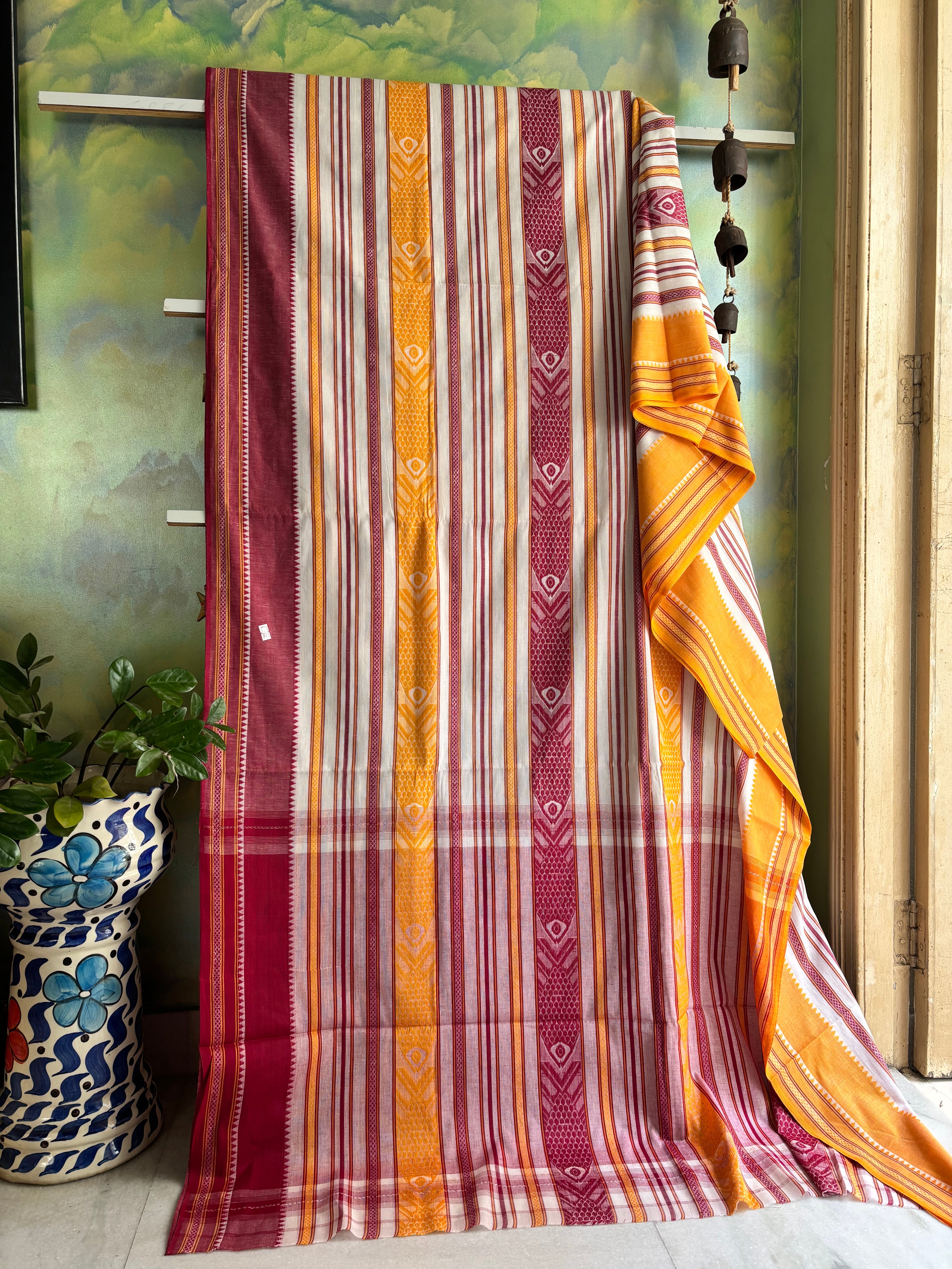 White Yellow Maroon Fish Motifs Dhonekhali Saree