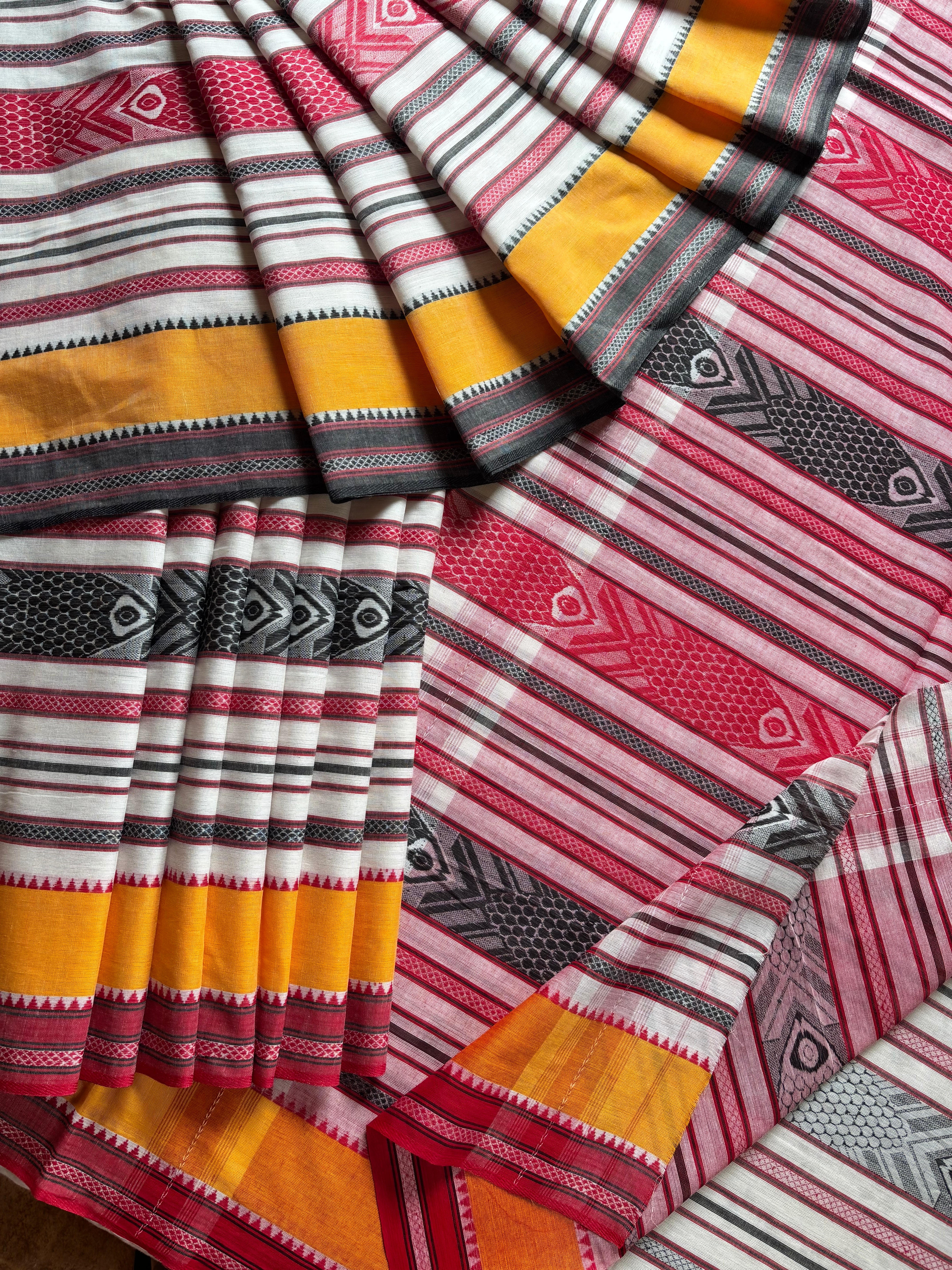 White with Red, Black and Yellow Fish Motifs Dhonekhali Saree