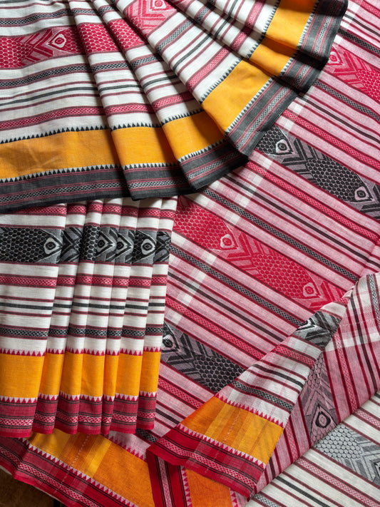 White with Red, Black and Yellow Fish Motifs Dhonekhali Saree