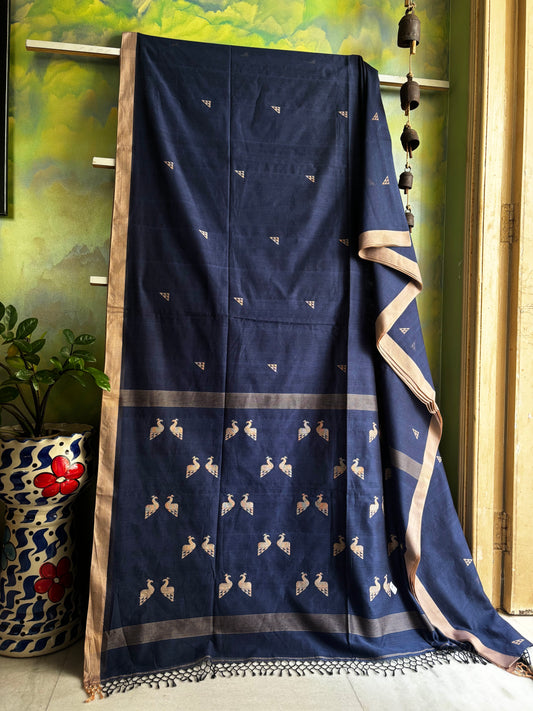Handwoven Greyish Blue Colour Cotton Jamdani Saree