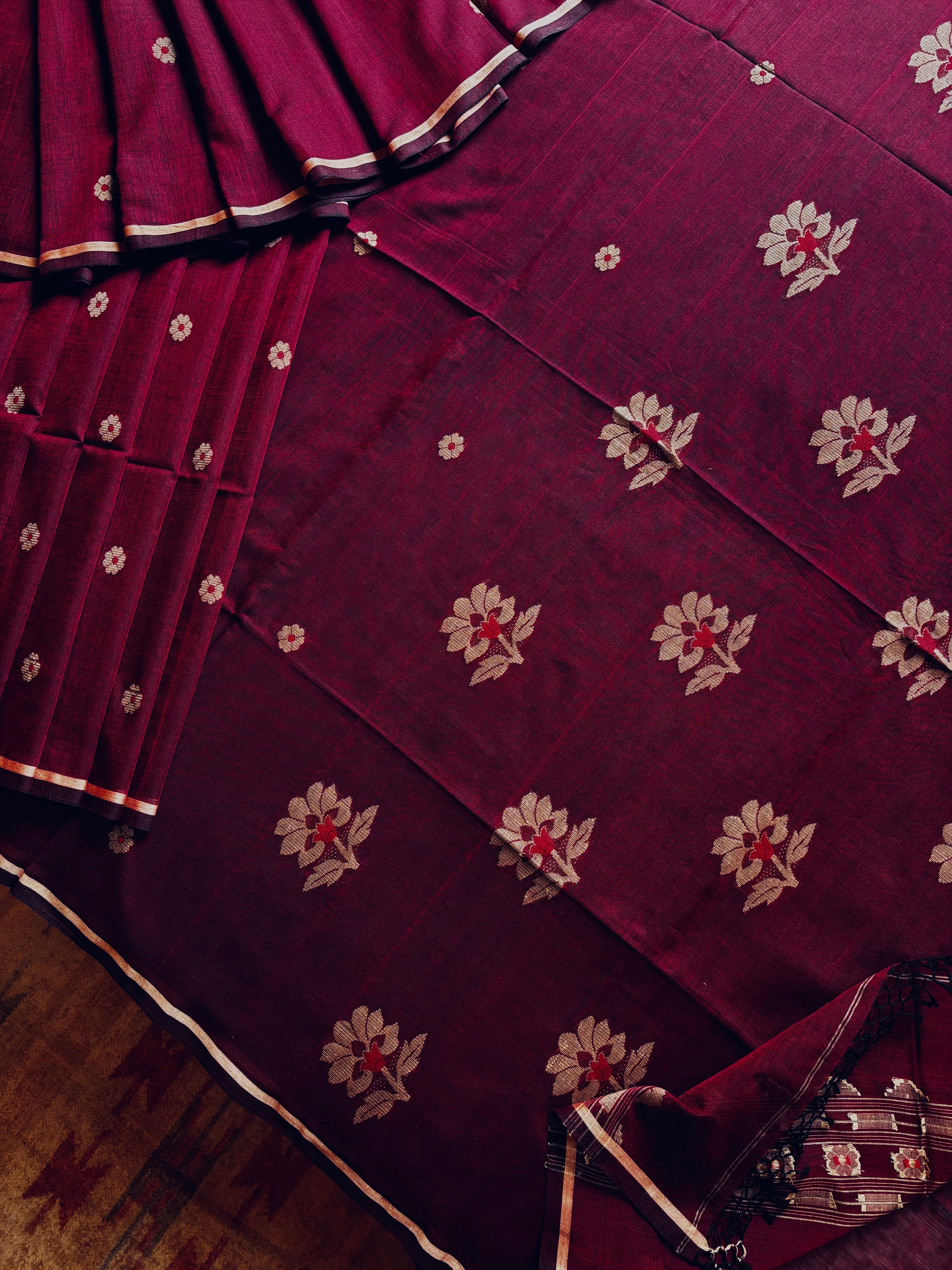 Handwoven Garnet Colour Cotton Jamdani Saree