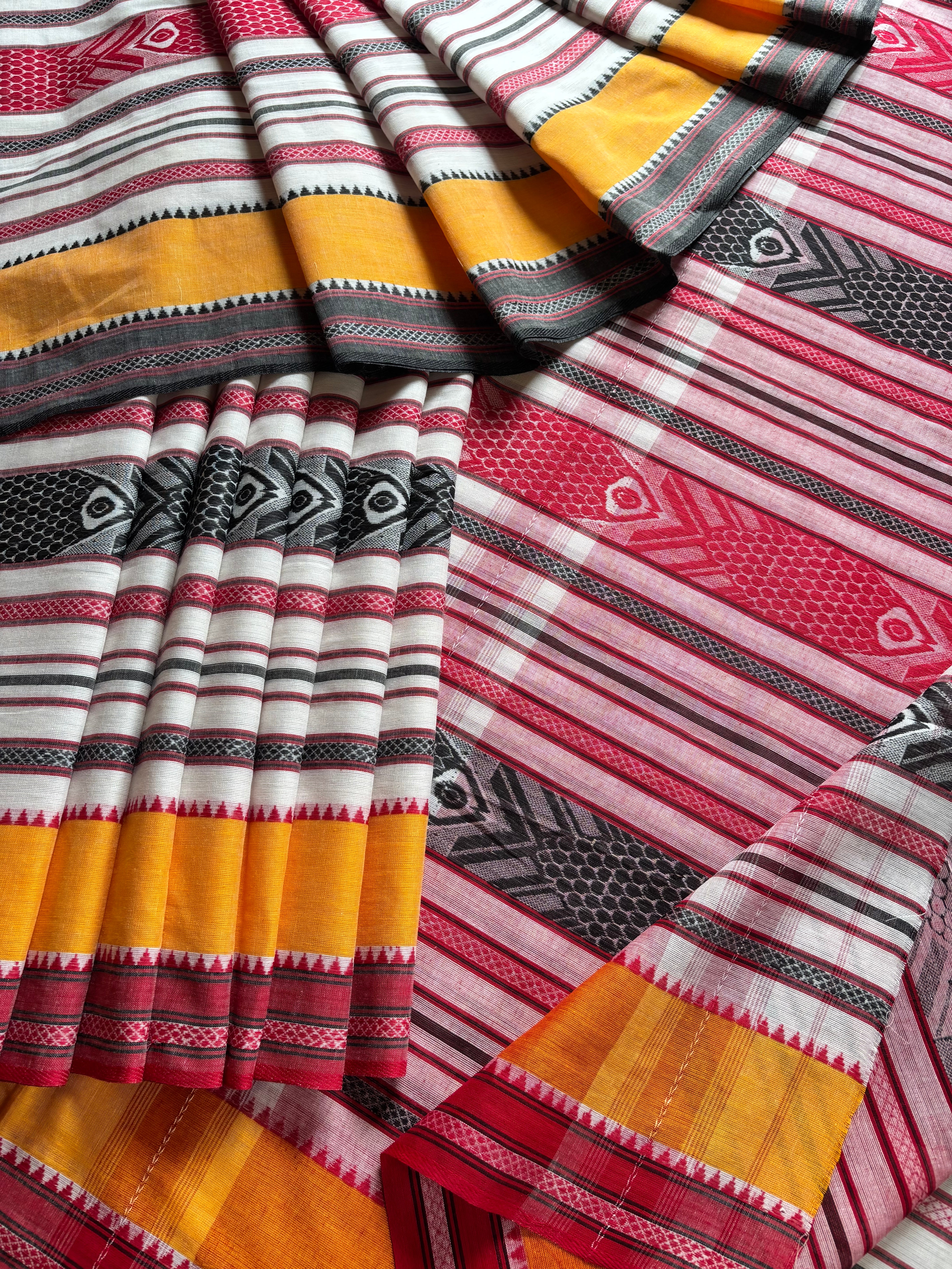 White with Red, Black and Yellow Fish Motifs Dhonekhali Saree