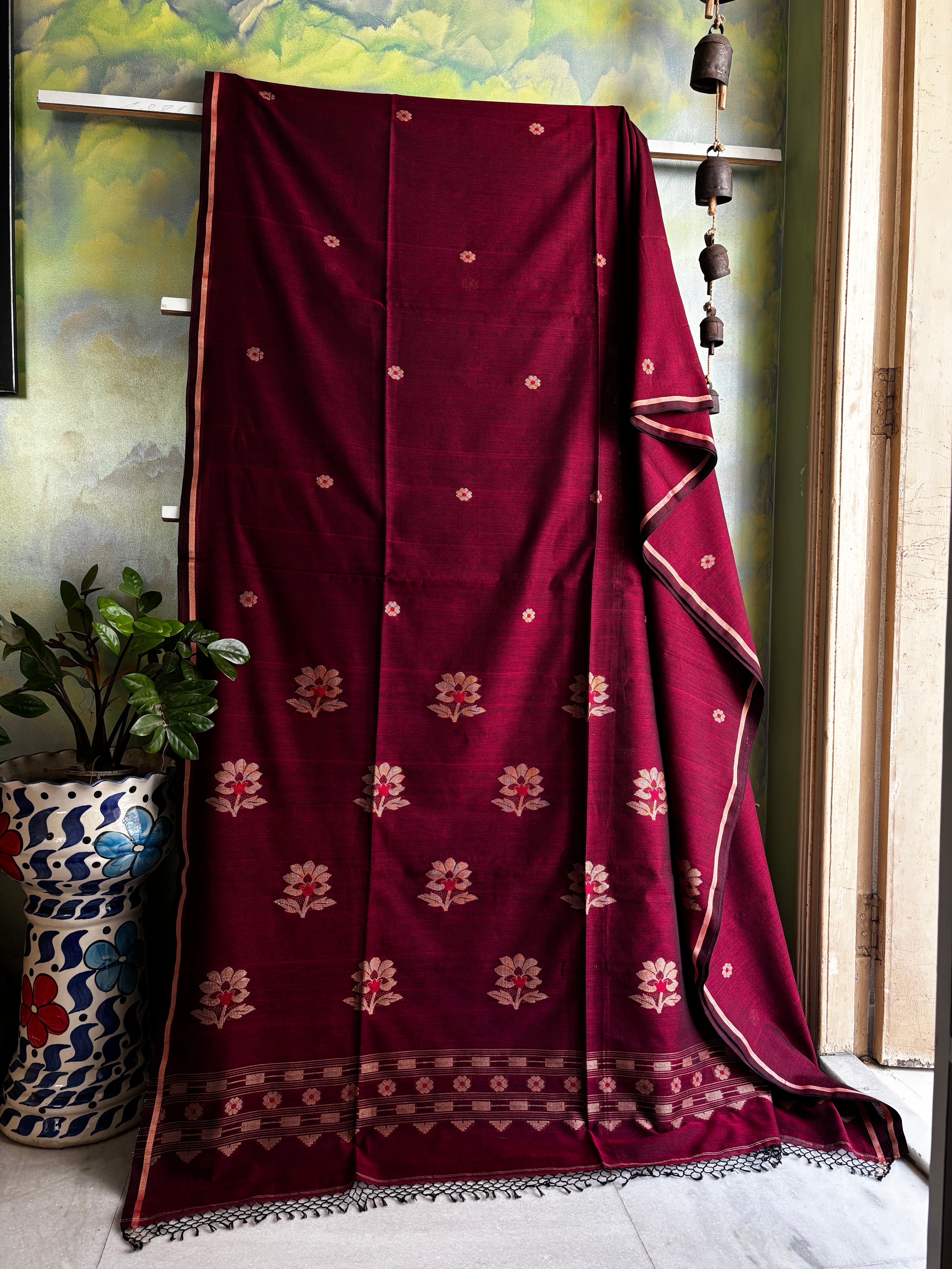 Handwoven Garnet Colour Cotton Jamdani Saree