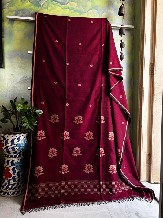 Handwoven Garnet Colour Cotton Jamdani Saree