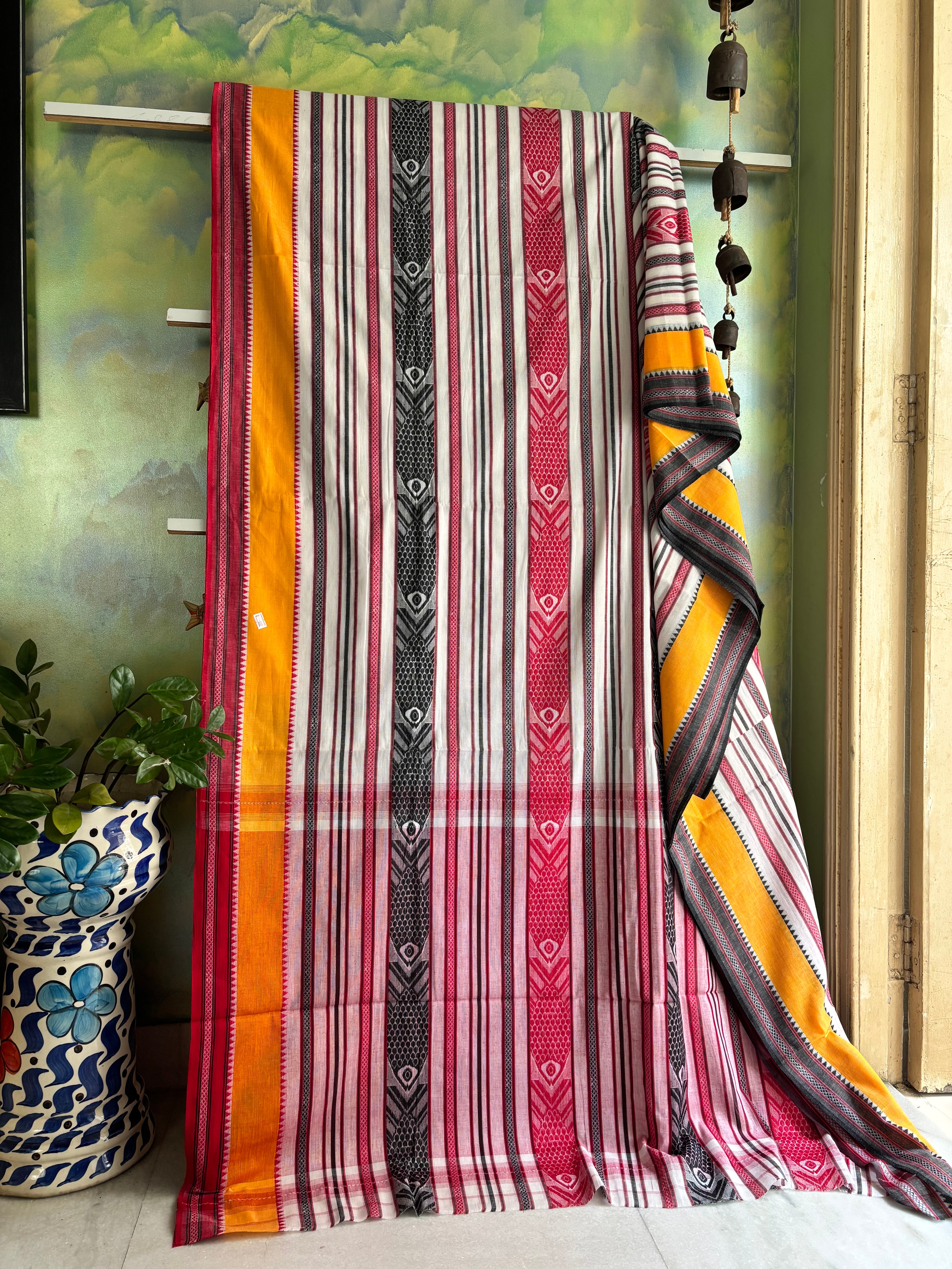 White with Red, Black and Yellow Fish Motifs Dhonekhali Saree