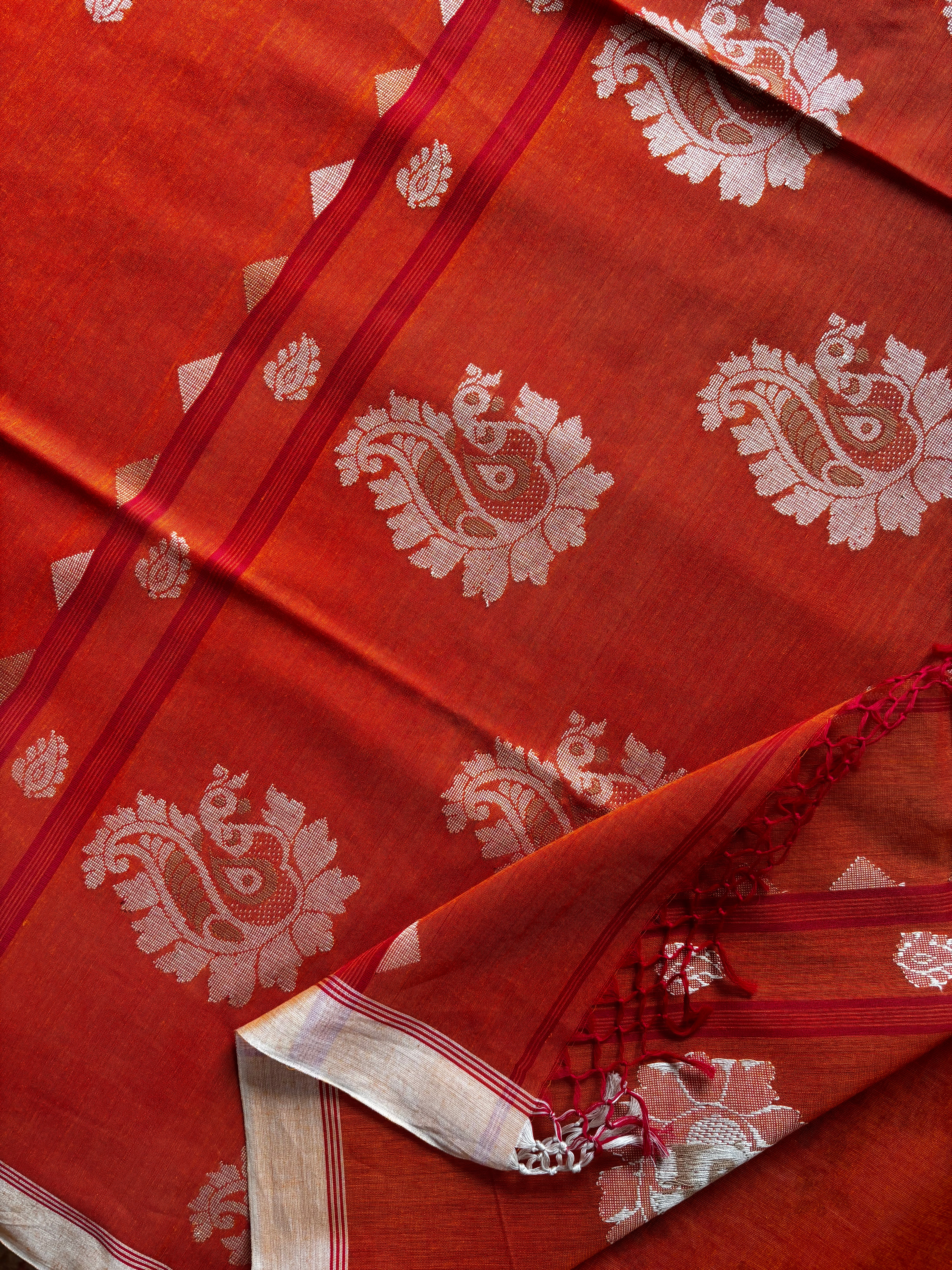 Handwoven Orange Colour Cotton Jamdani Saree
