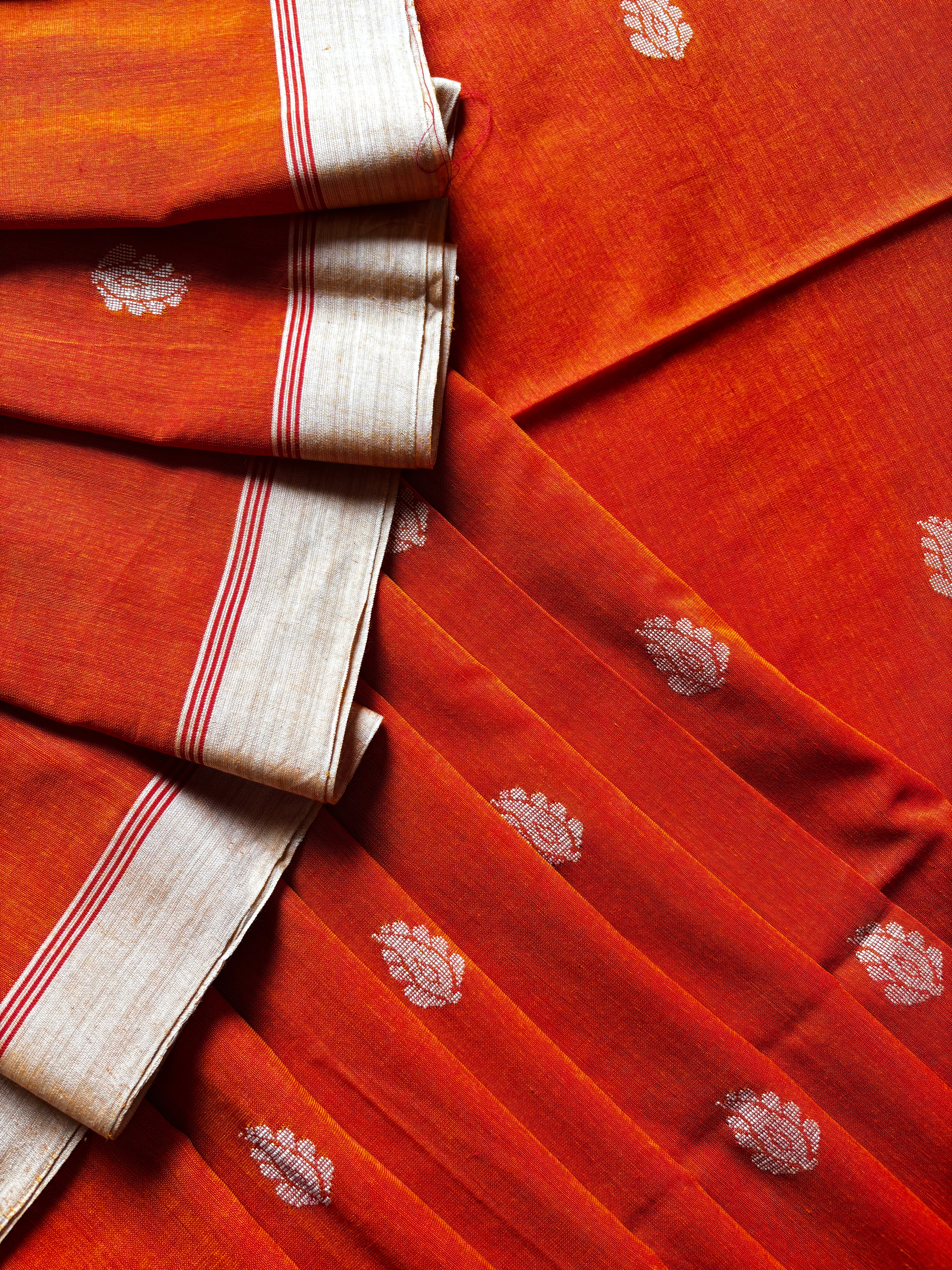 Handwoven Orange Colour Cotton Jamdani Saree