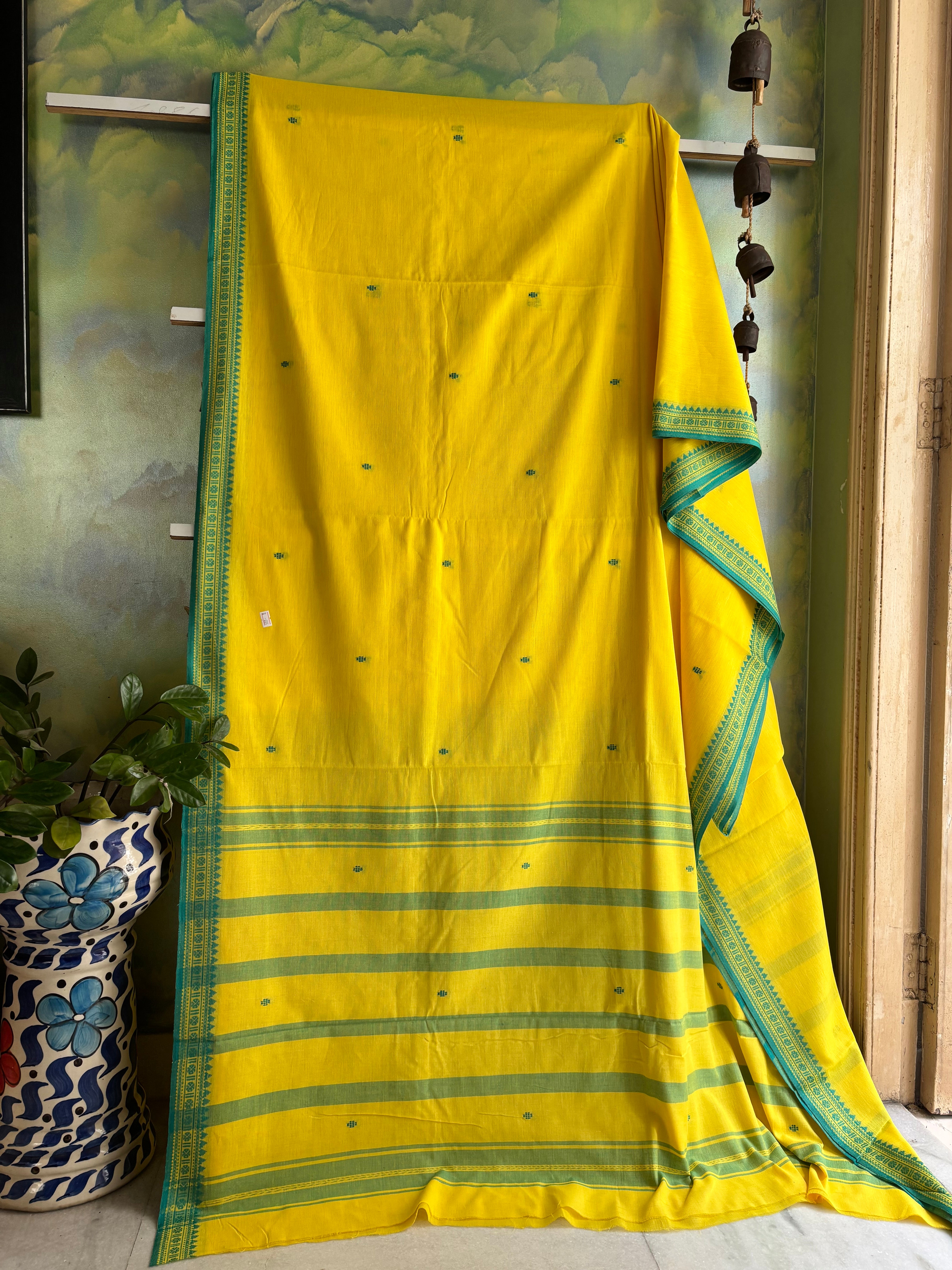 Lemon Yellow Handwoven Dhonekhali Saree