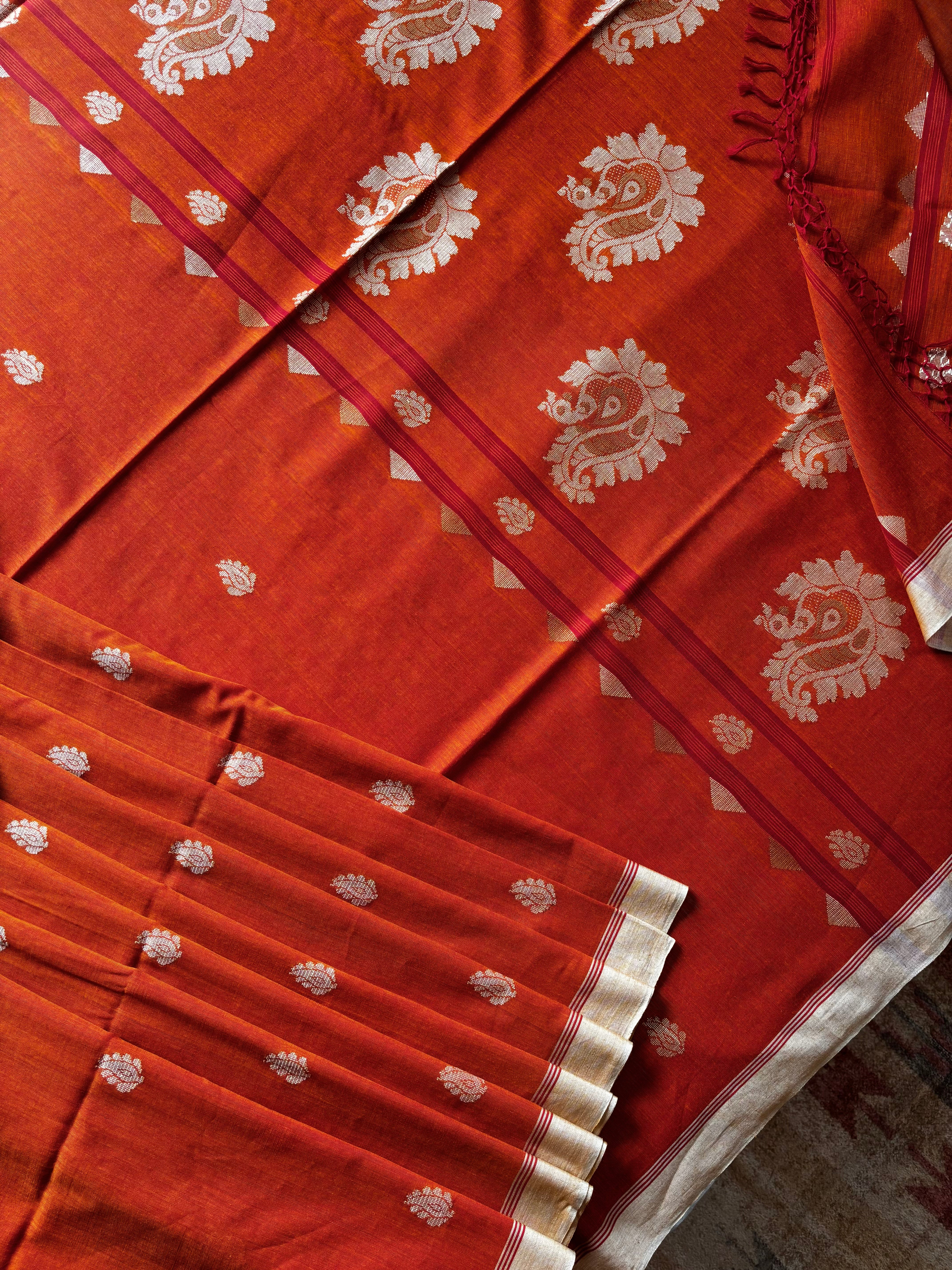 Handwoven Orange Colour Cotton Jamdani Saree