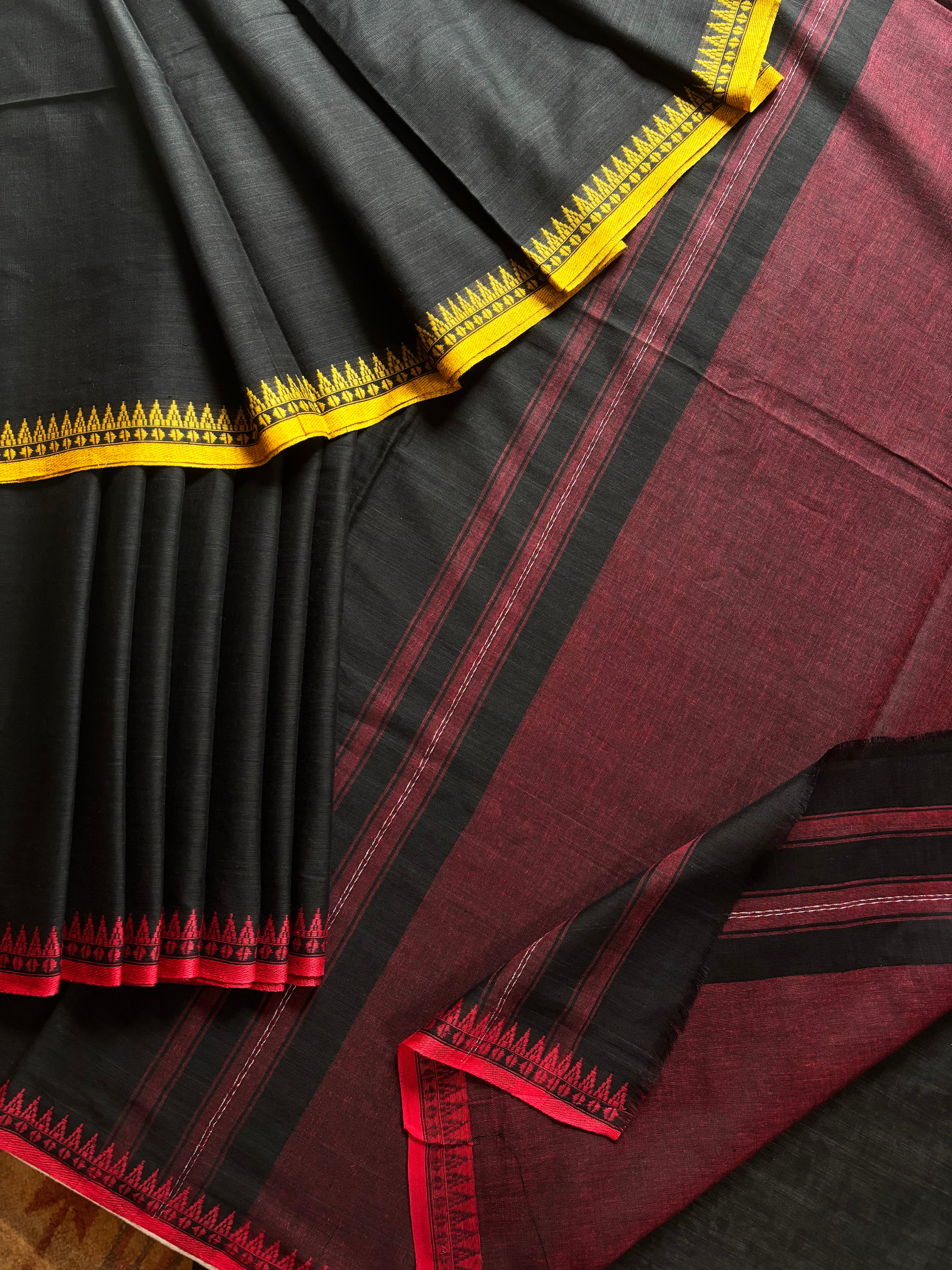 Handwoven Black Red and Yellow Ganga Yamuna Dhonekhali Saree