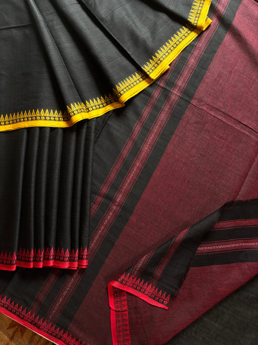 Handwoven Black Red and Yellow Ganga Yamuna Dhonekhali Saree