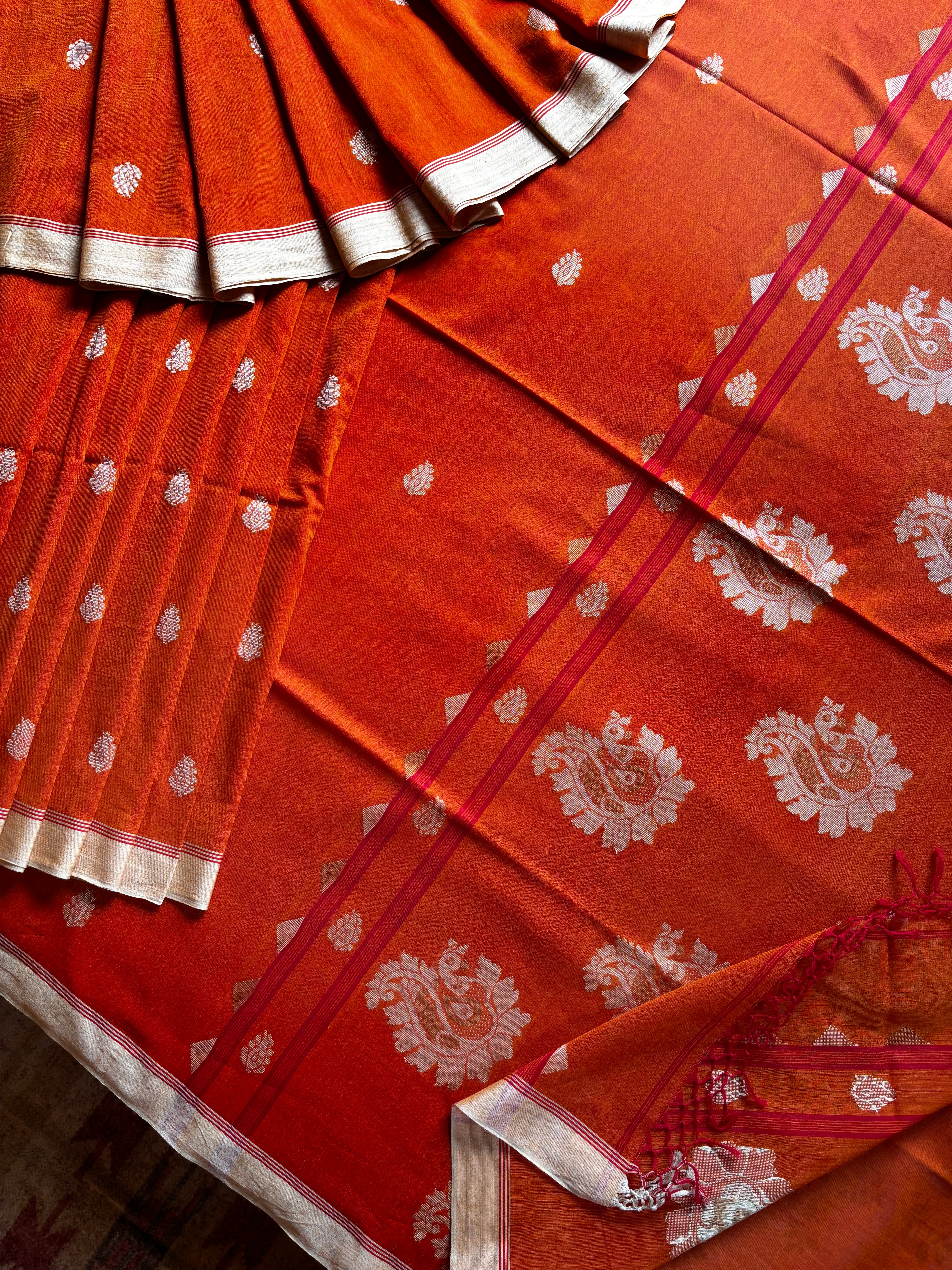 Handwoven Orange Colour Cotton Jamdani Saree
