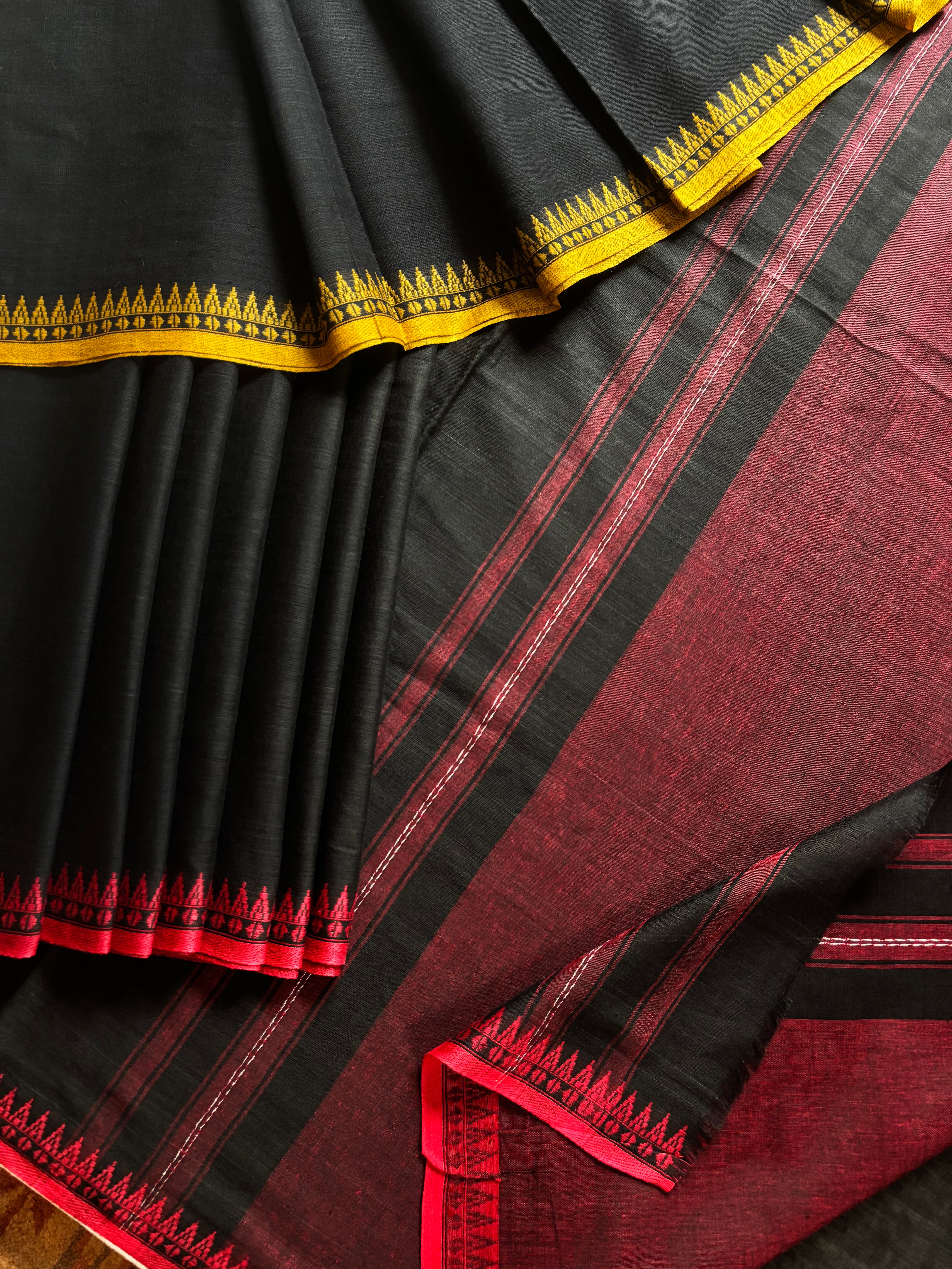 Handwoven Black Red and Yellow Ganga Yamuna Dhonekhali Saree