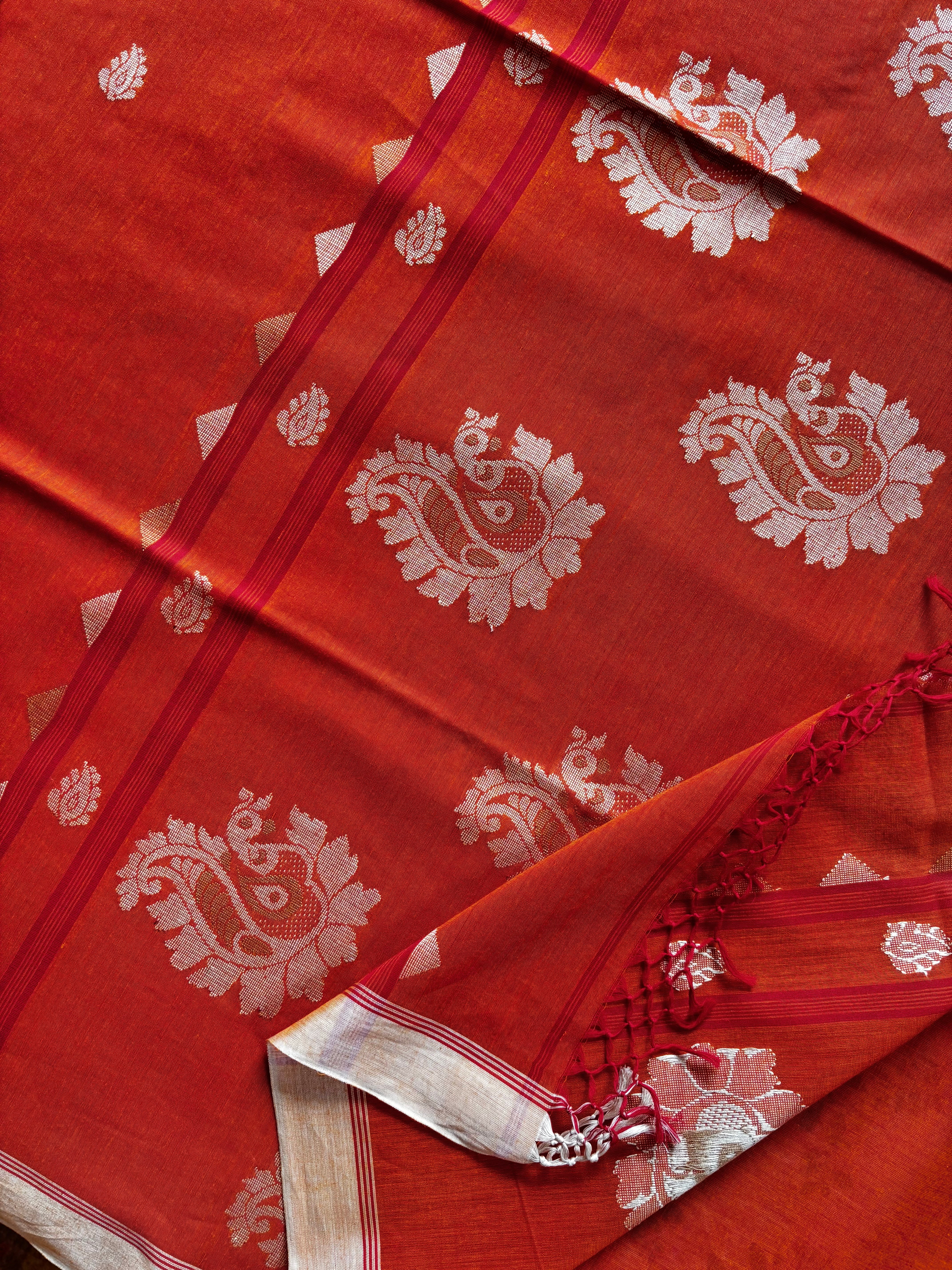 Handwoven Orange Colour Cotton Jamdani Saree