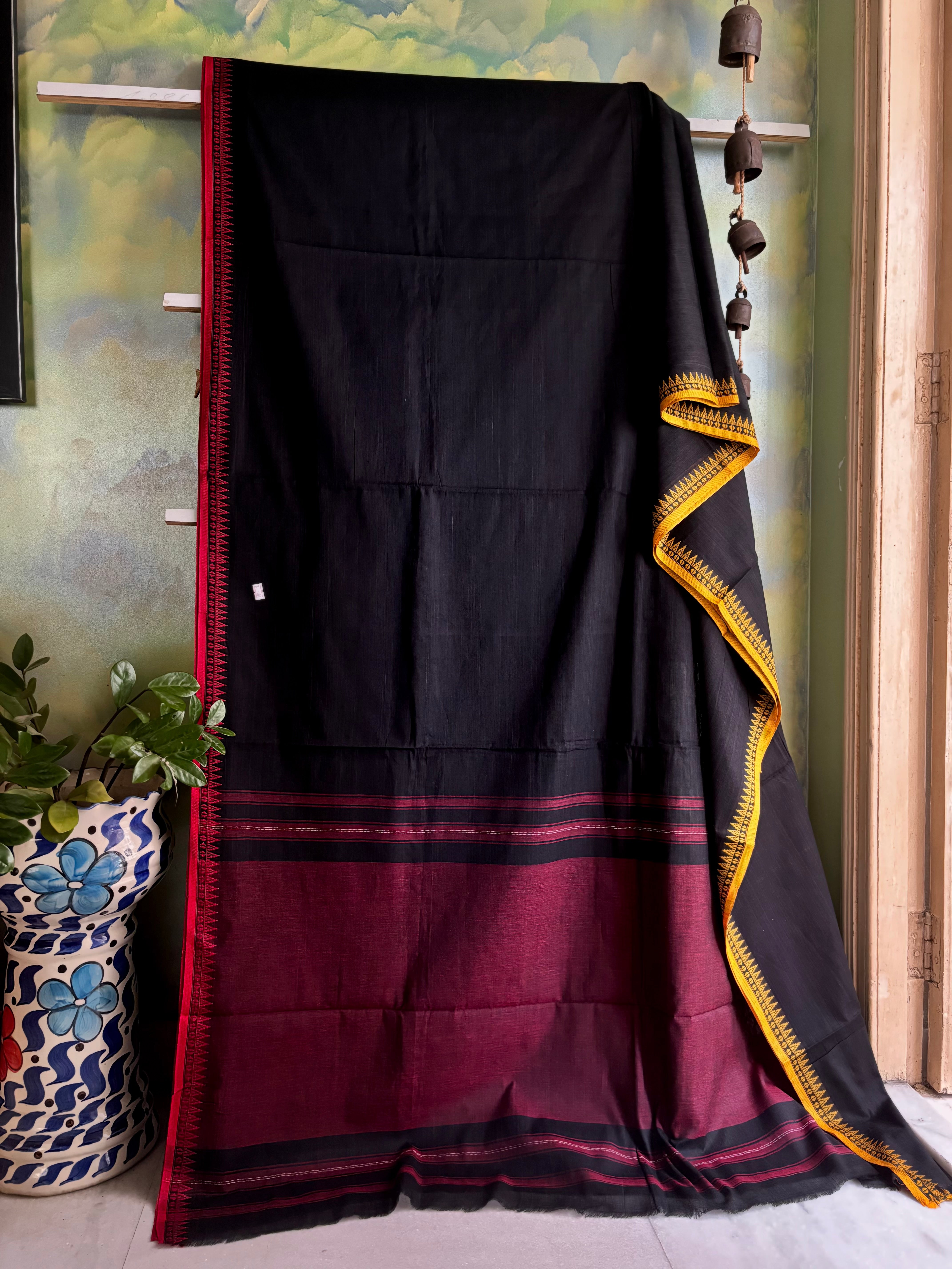 Handwoven Black Red and Yellow Ganga Yamuna Dhonekhali Saree
