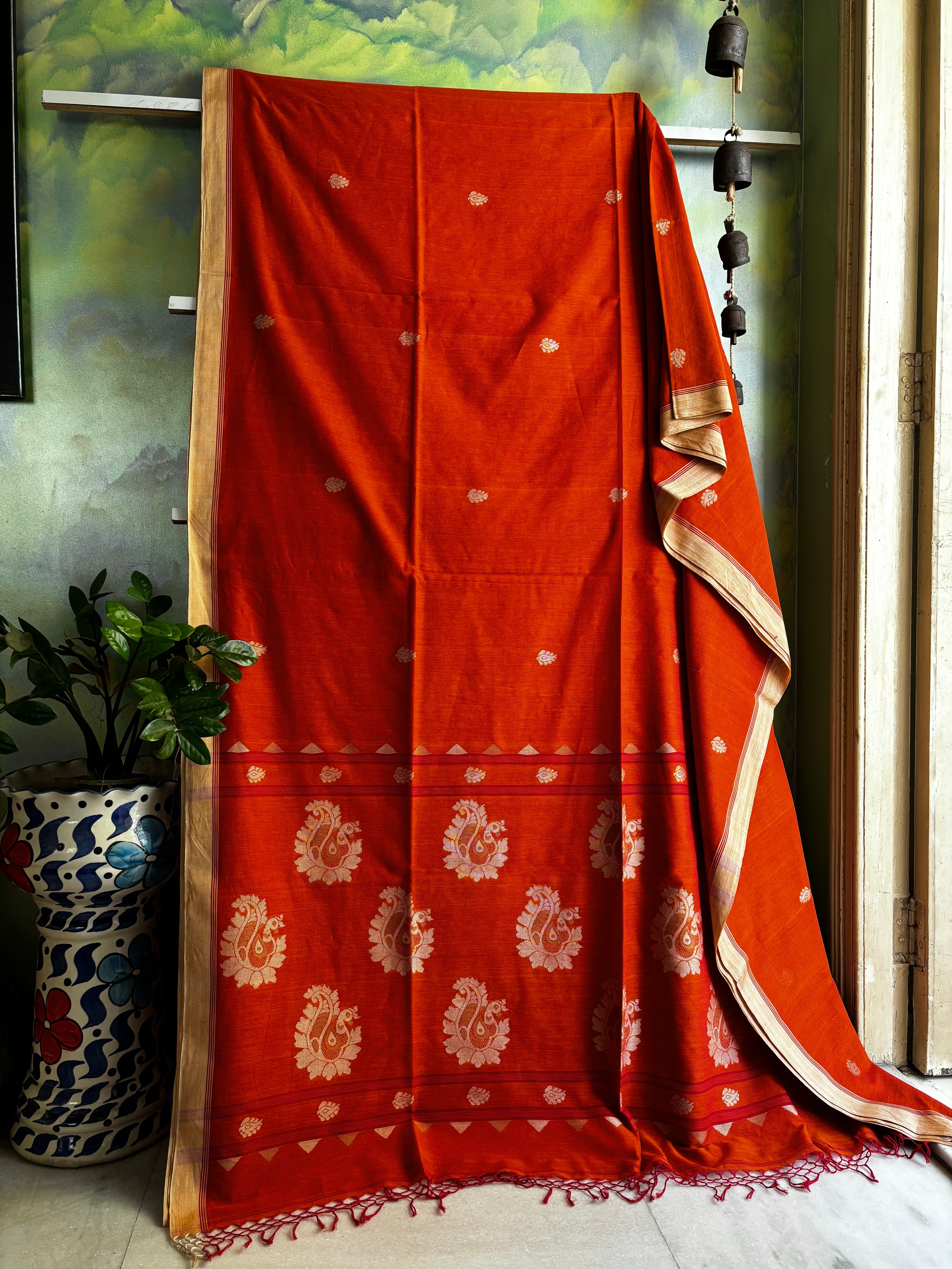 Handwoven Orange Colour Cotton Jamdani Saree