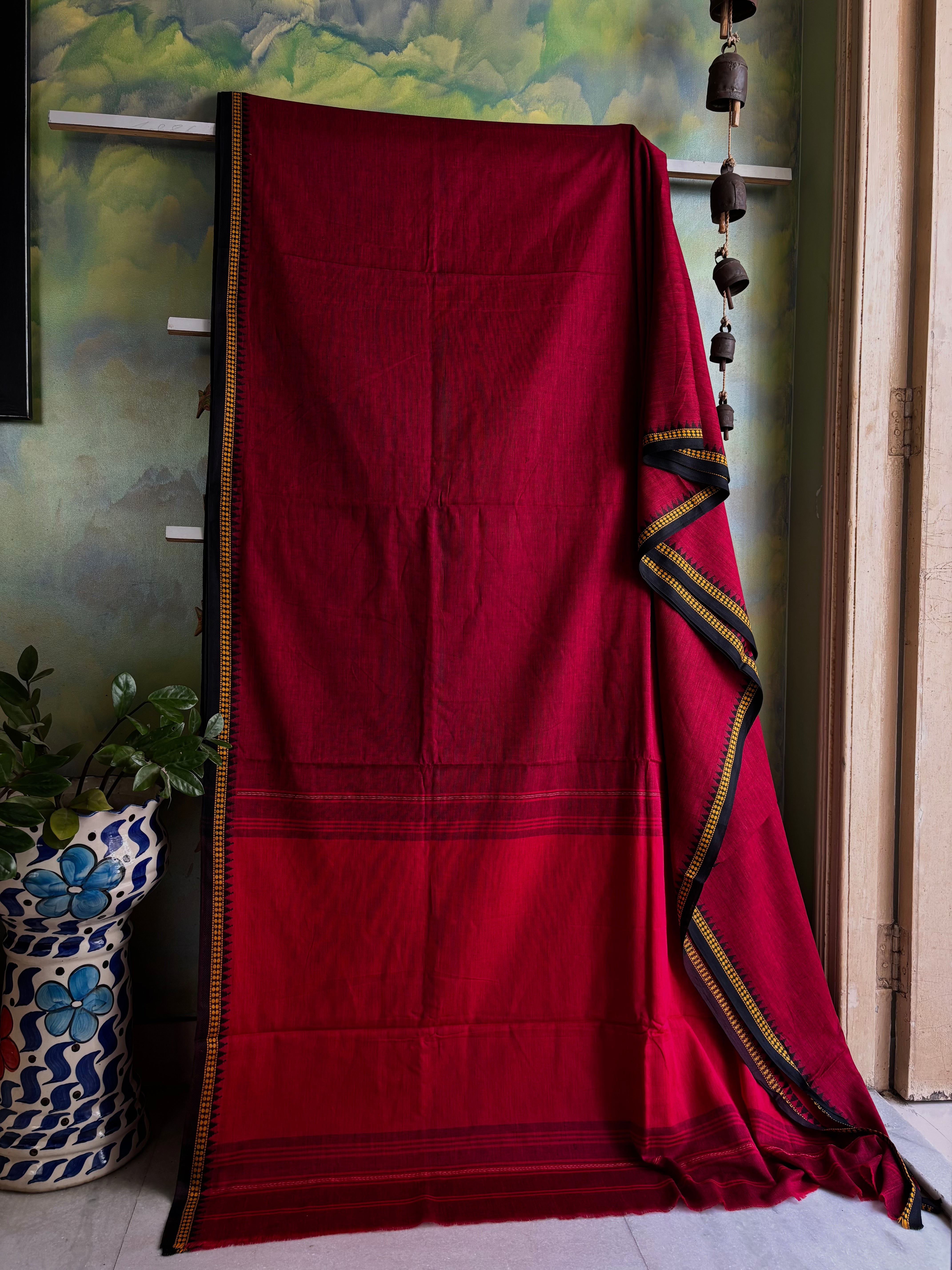 Handwoven Maroon Black Dhonekhali Saree