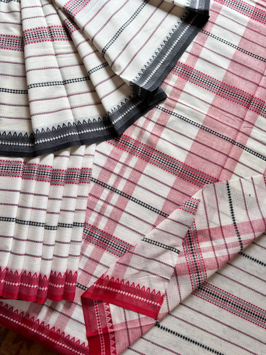 Handwoven White, Red and Black Dhonekhali Cotton Saree