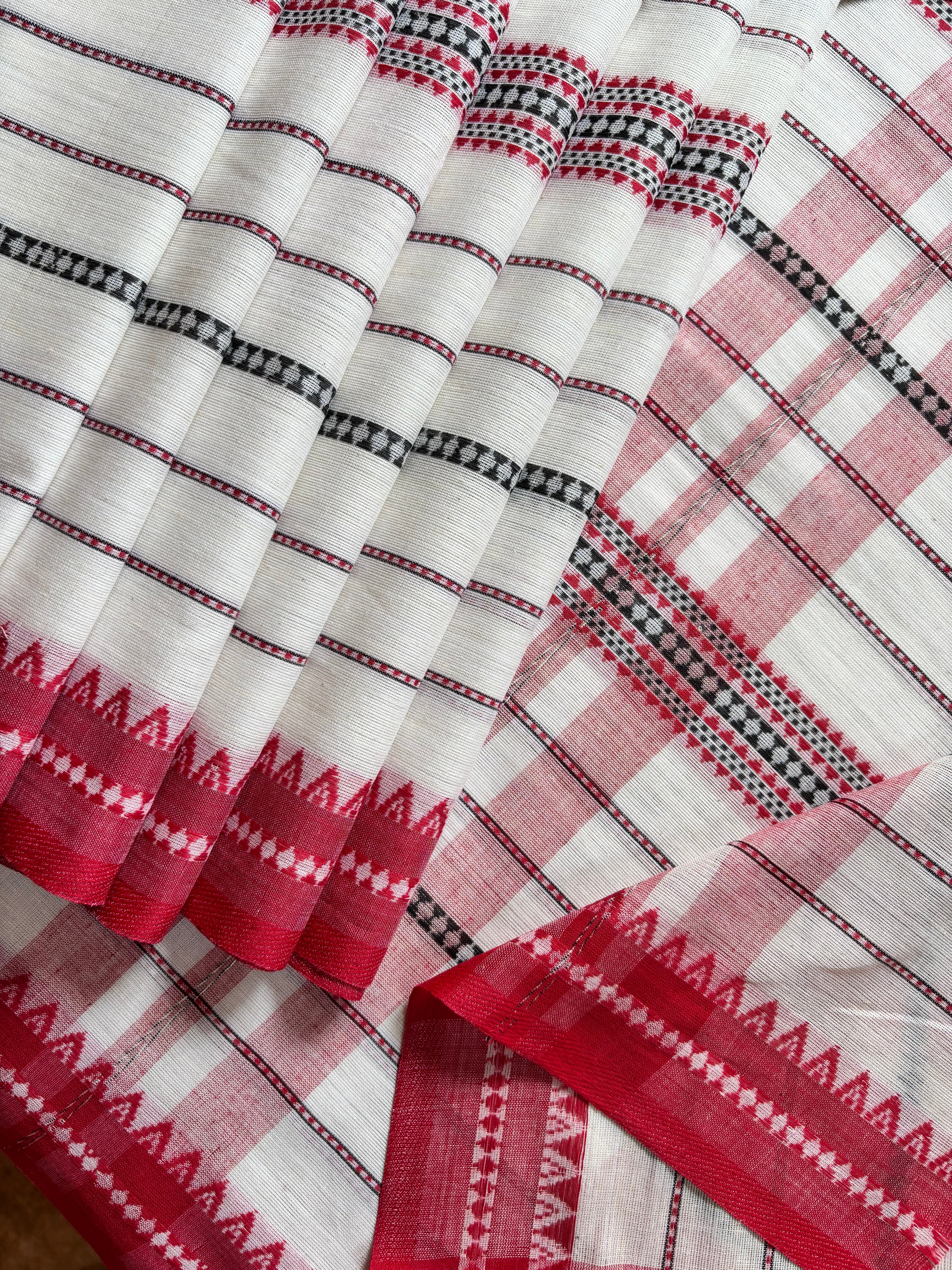 Handwoven White, Red and Black Dhonekhali Cotton Saree