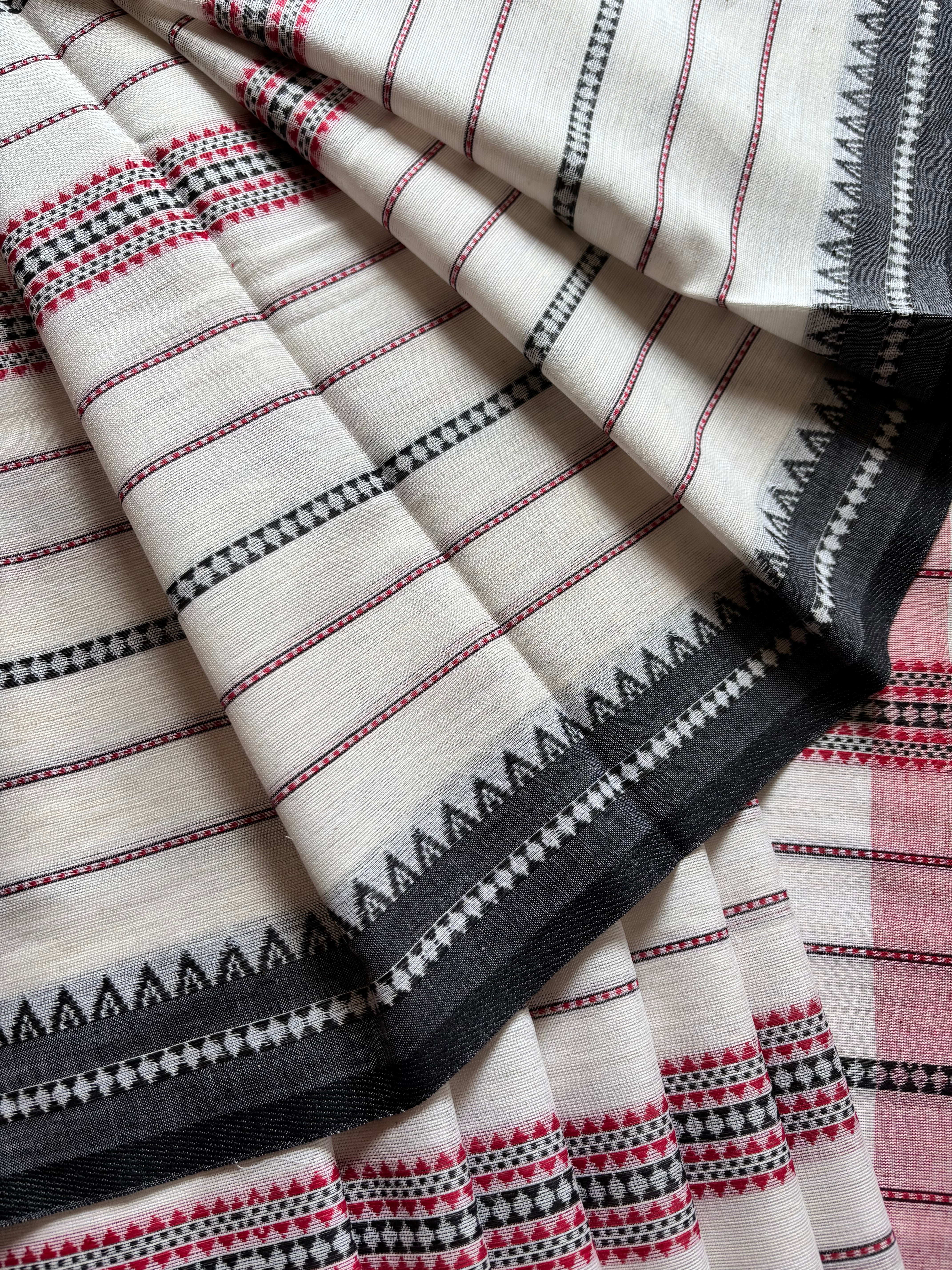 Handwoven White, Red and Black Dhonekhali Cotton Saree