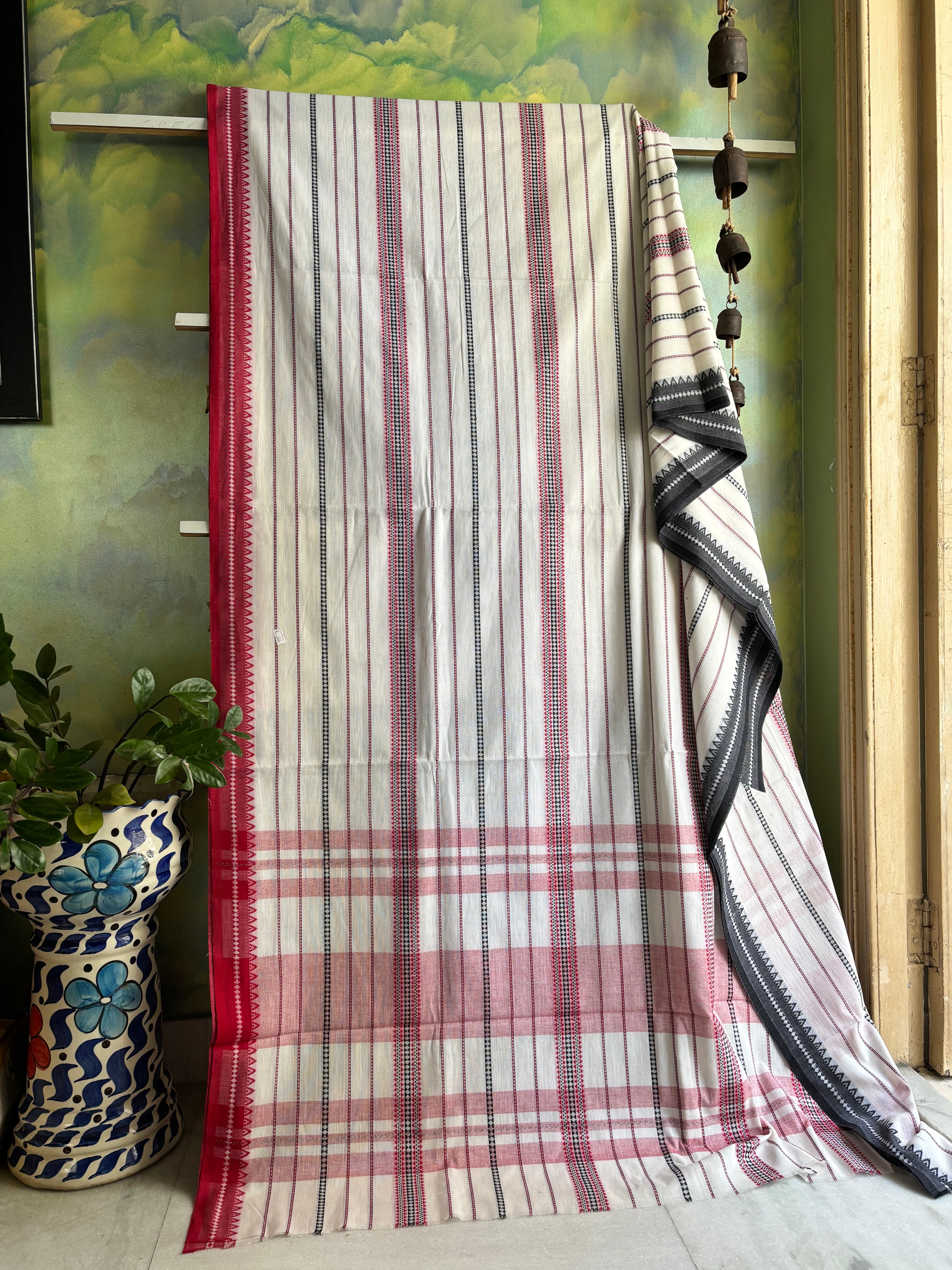 Handwoven White, Red and Black Dhonekhali Cotton Saree