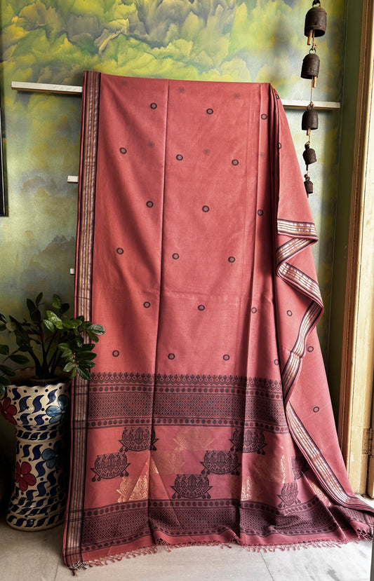 Handwoven Pinkish Peach Cotton Jamdani Saree