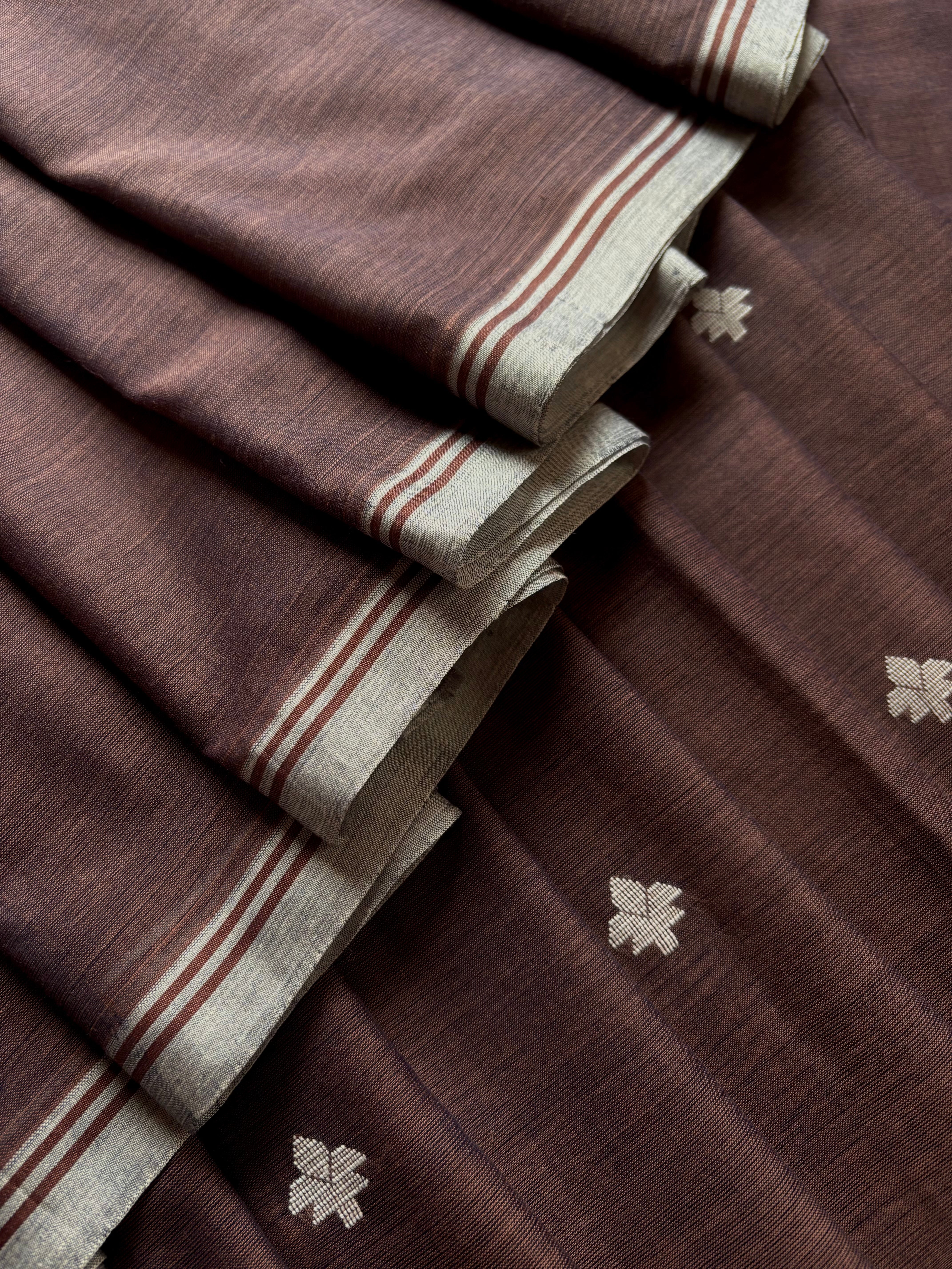 Handwoven Brown Blue Dual Toned Cotton Jamdani Saree