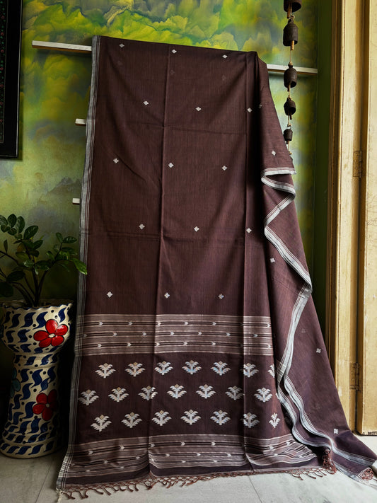 Handwoven Brown Blue Dual Toned Cotton Jamdani Saree