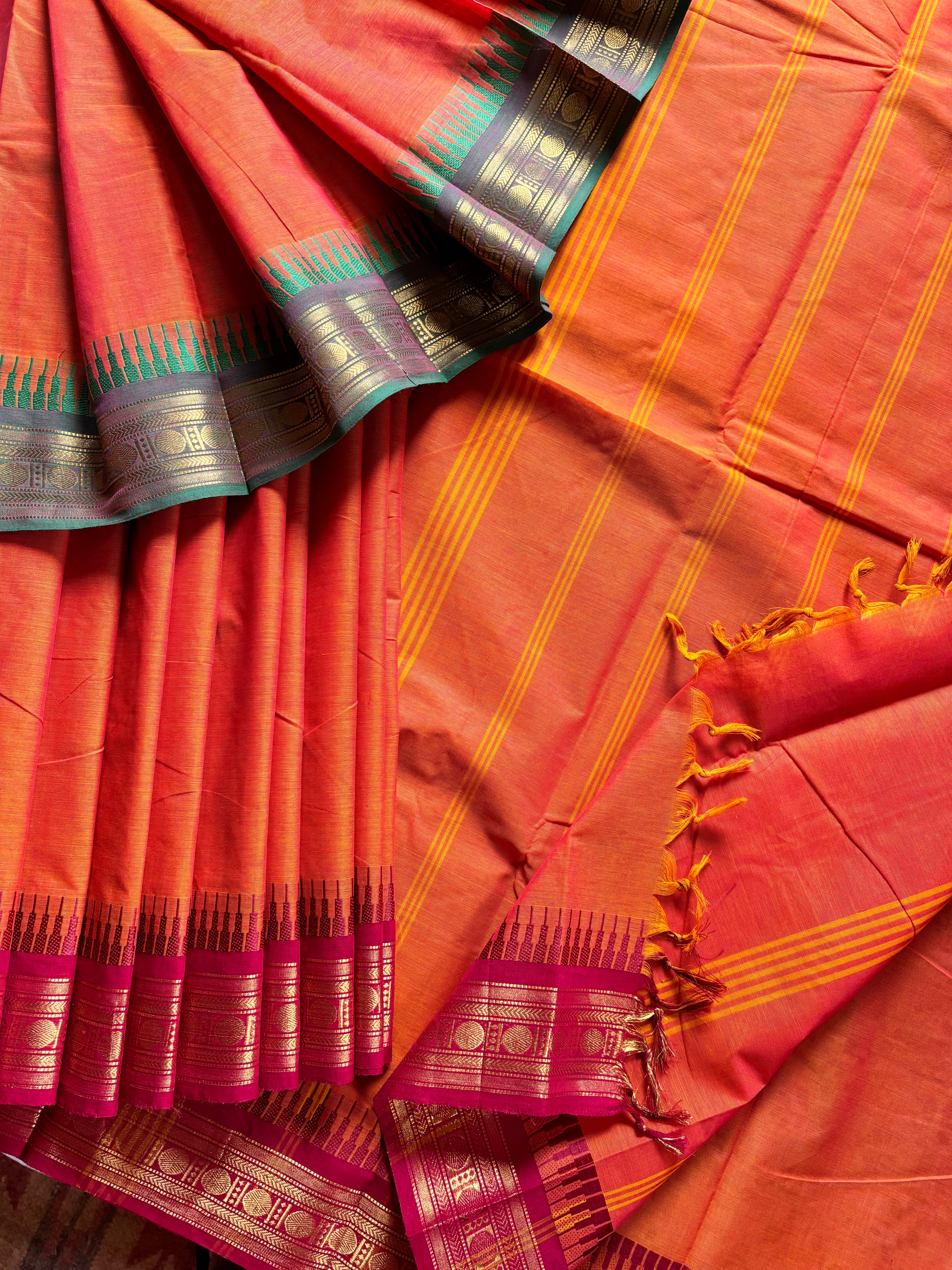 Orange Ganga Yamuna Kanchipuram Cotton Saree