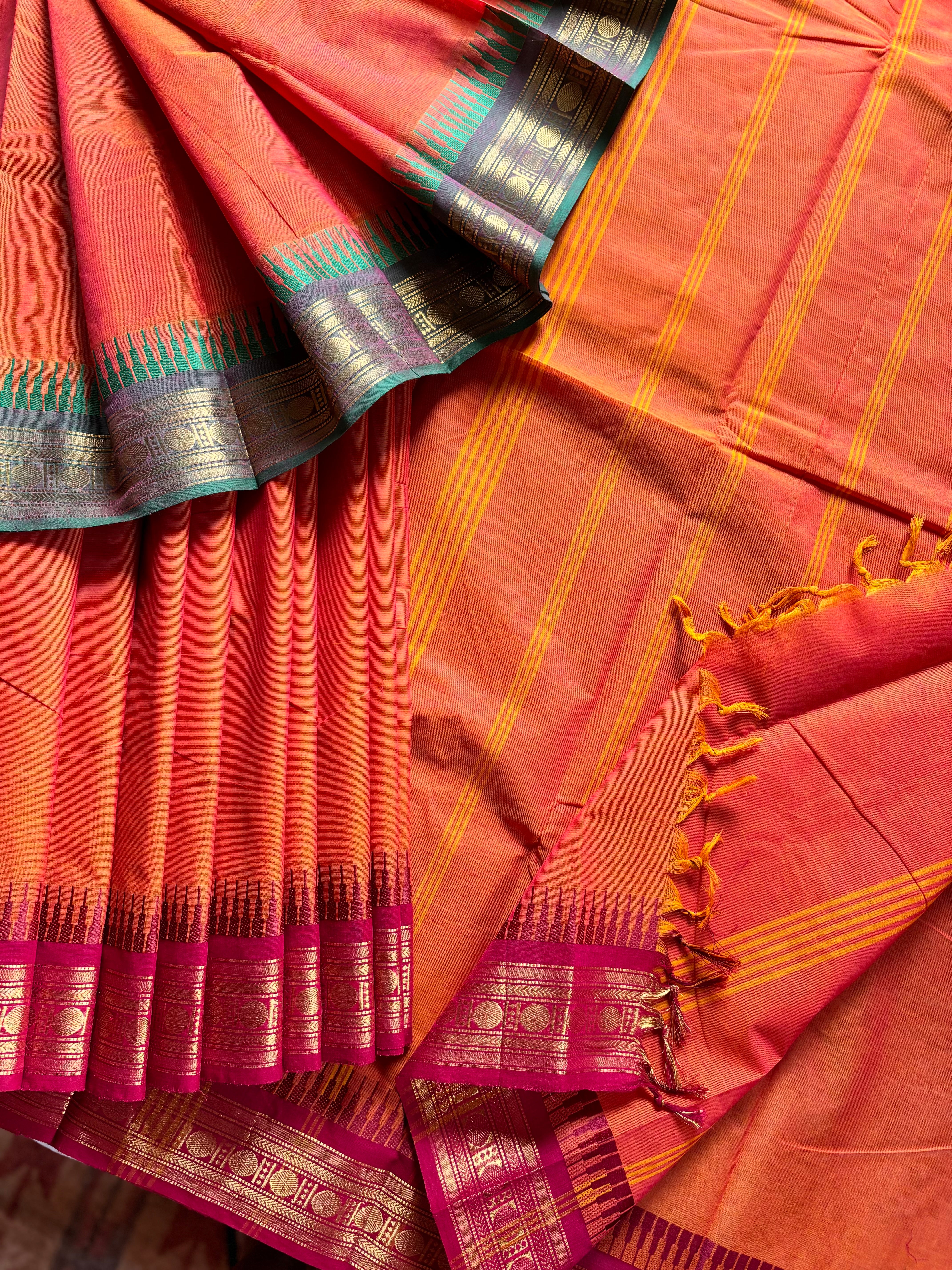 Orange Ganga Yamuna Kanchipuram Cotton Saree