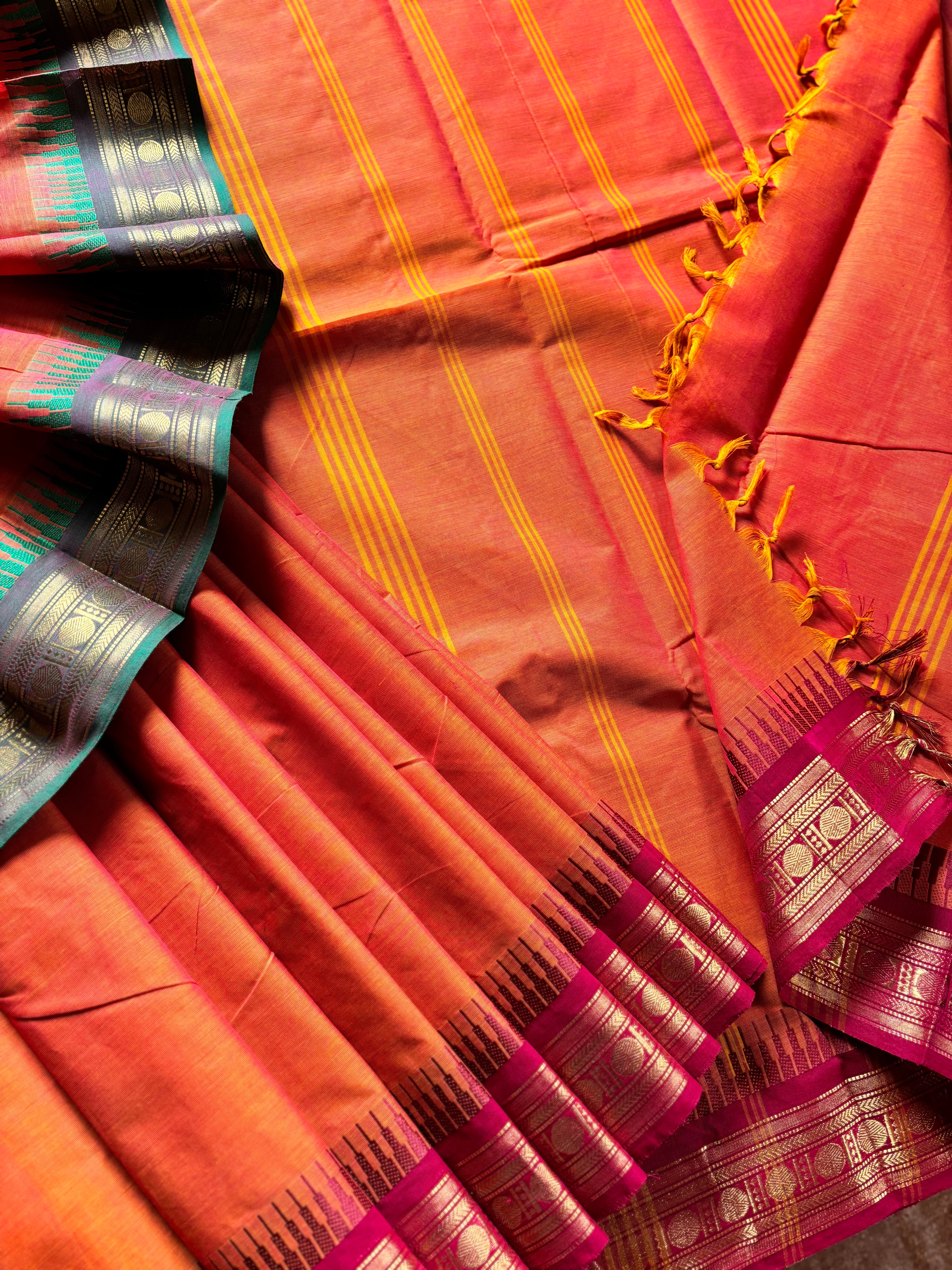 Orange Ganga Yamuna Kanchipuram Cotton Saree