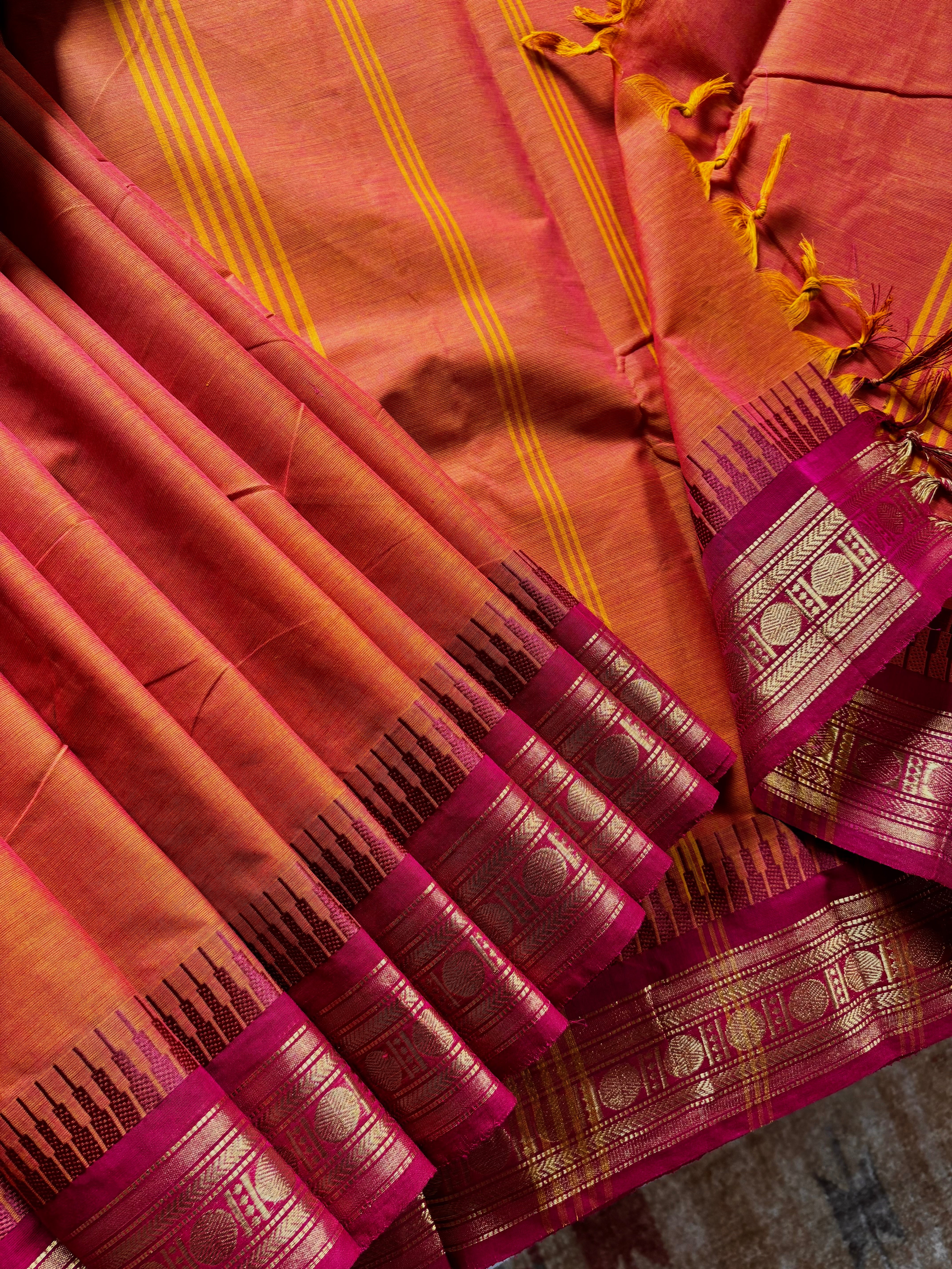 Orange Ganga Yamuna Kanchipuram Cotton Saree
