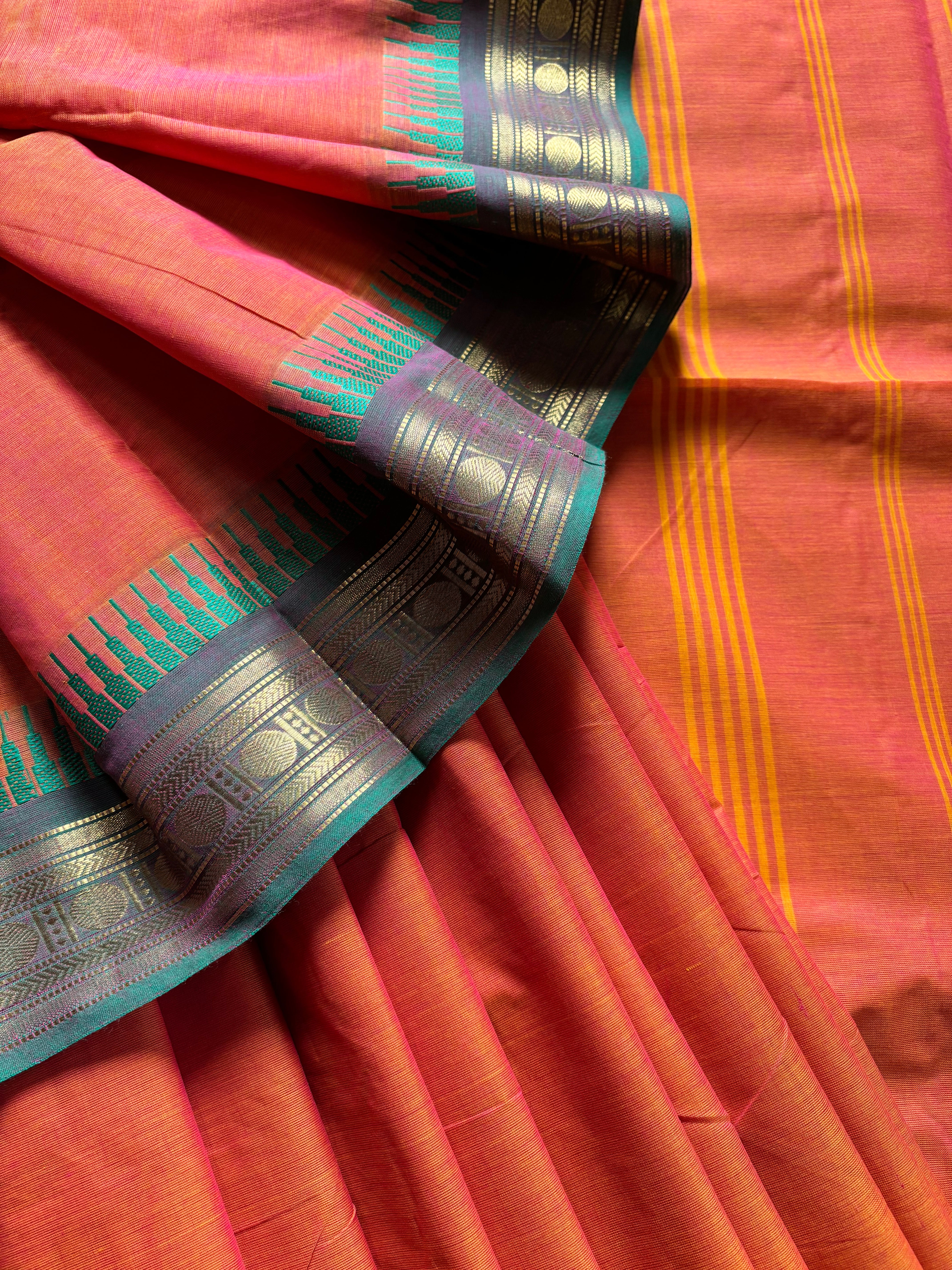 Orange Ganga Yamuna Kanchipuram Cotton Saree